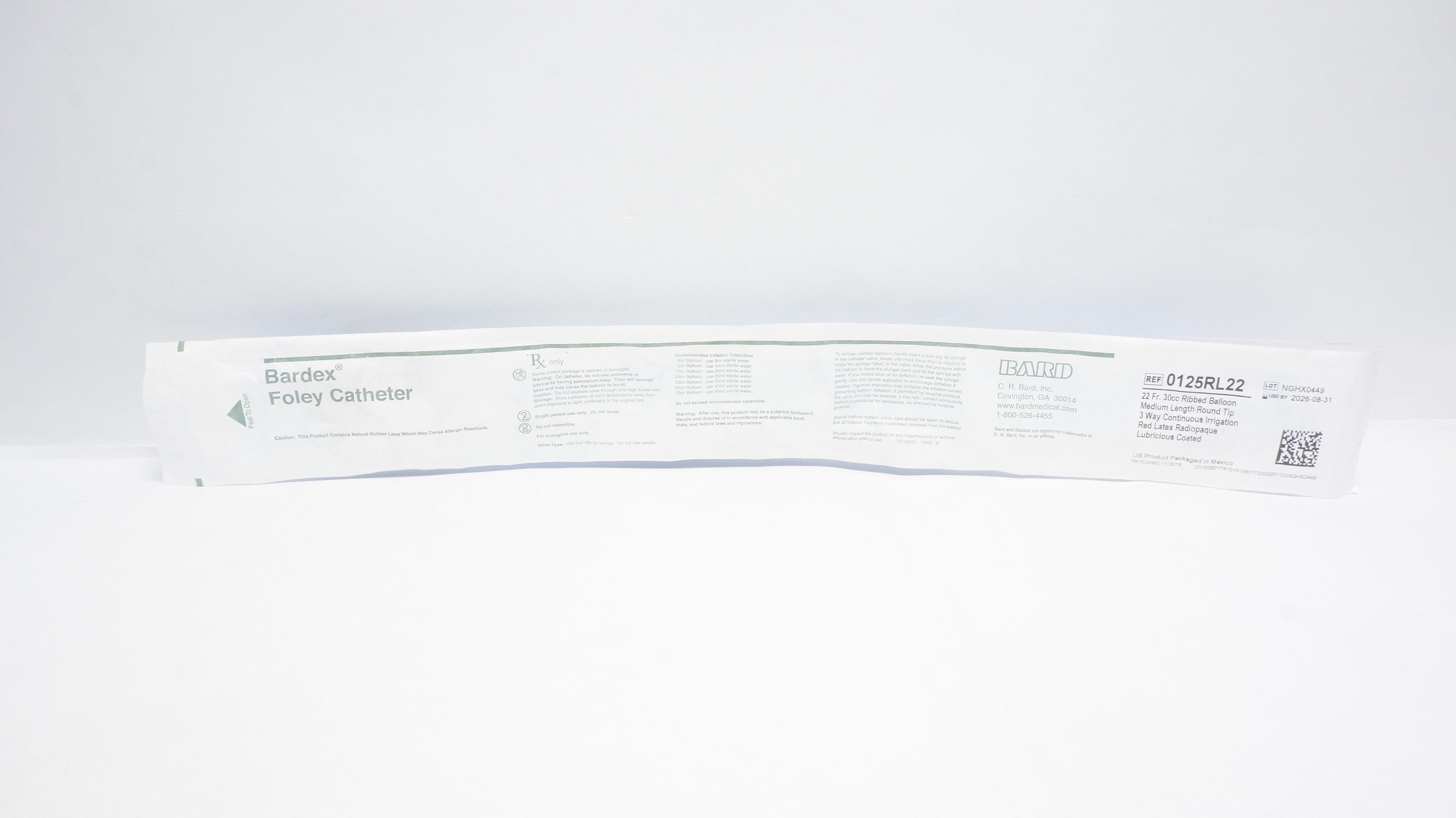 Bard 0125RL22 Bardex I.C Foley Cath. 22 Fr 30cc Ribbed Balloon