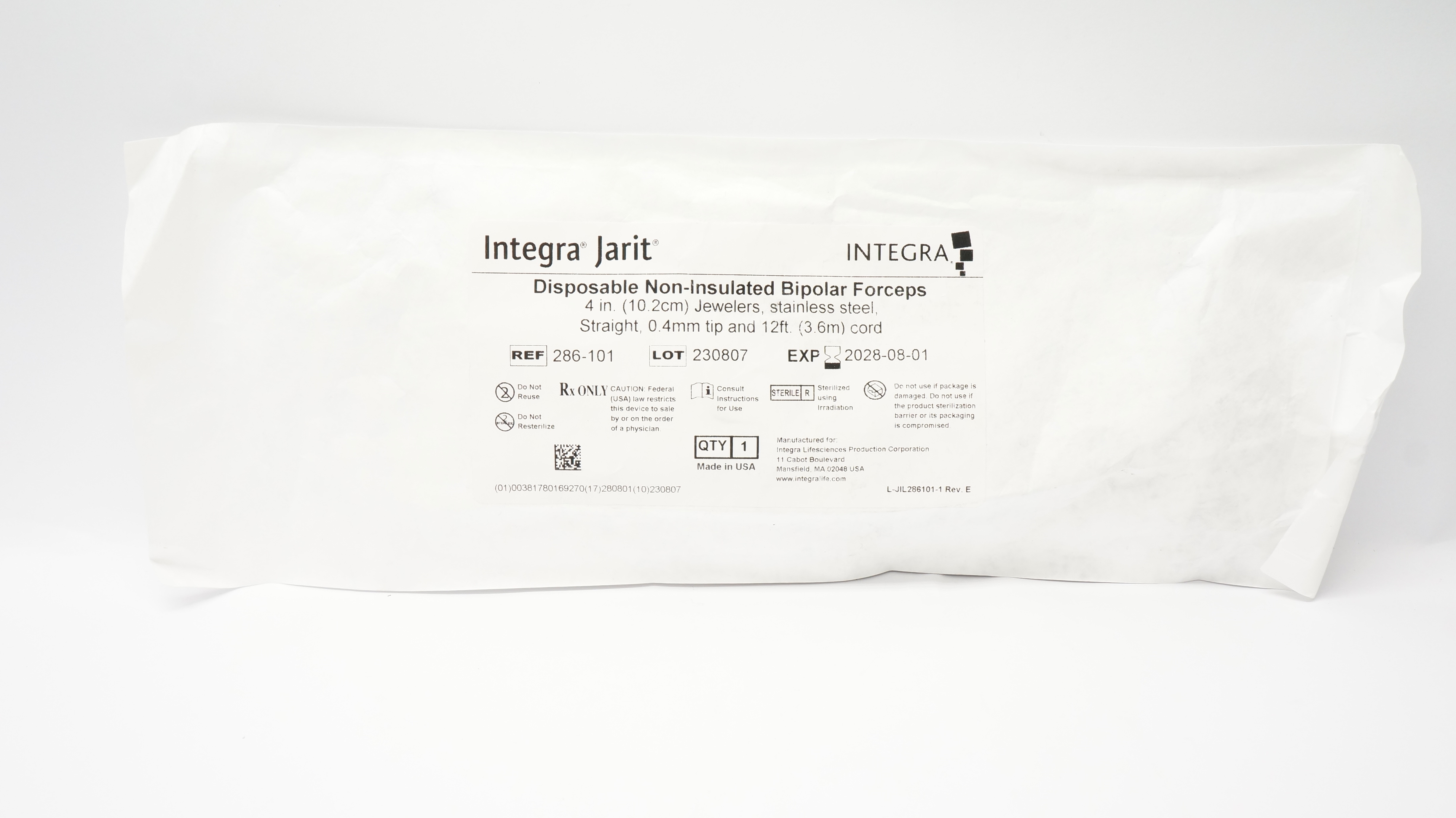 Integra 286-101 Jarit Bipolar Forceps 4inch Jewelers 0.4mm Tip 12Ft. Cord