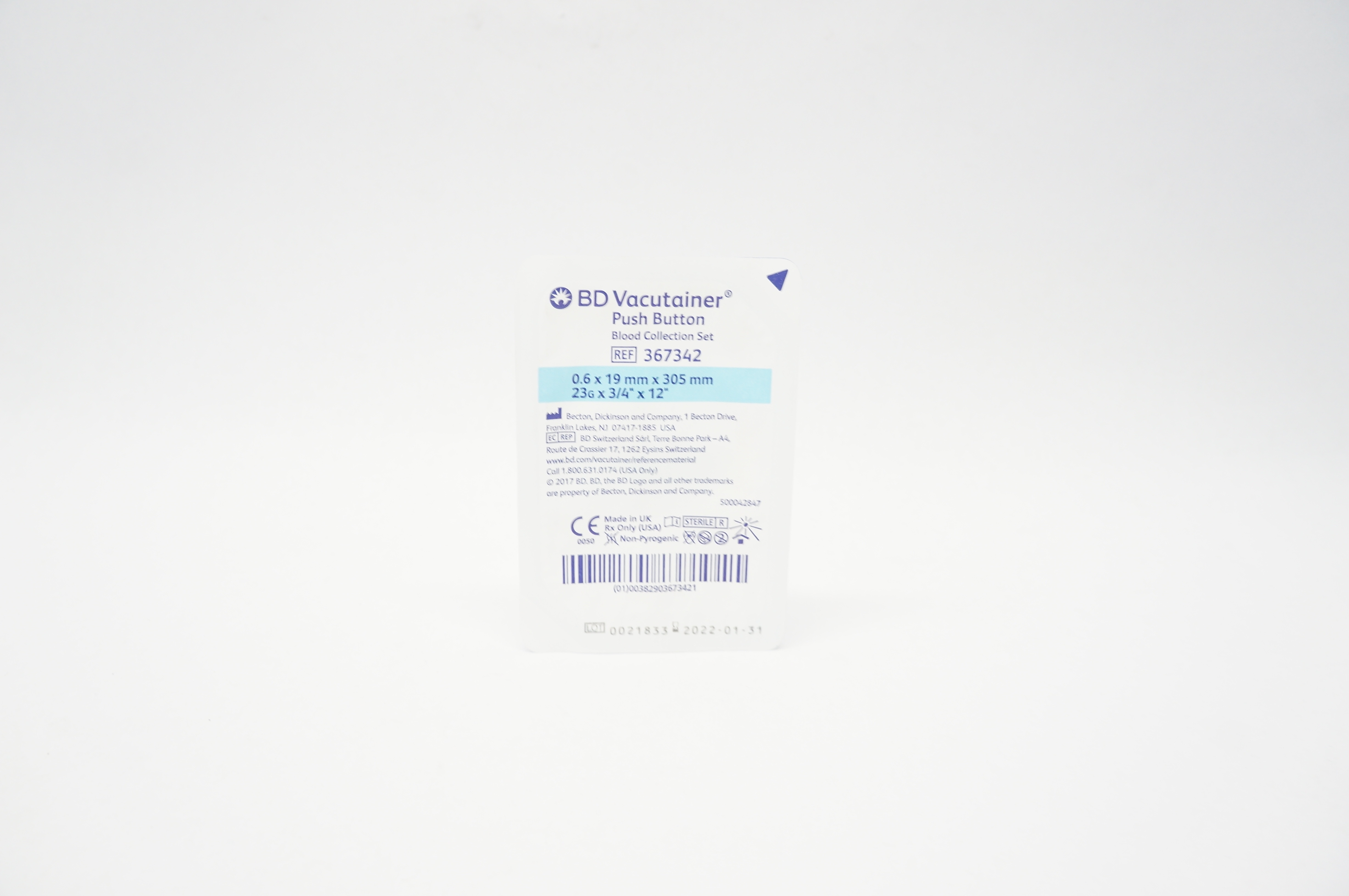 BD 367342 Vacutainer Push Button Blood Collection Set 23G x 3/4in x 12in - Individual