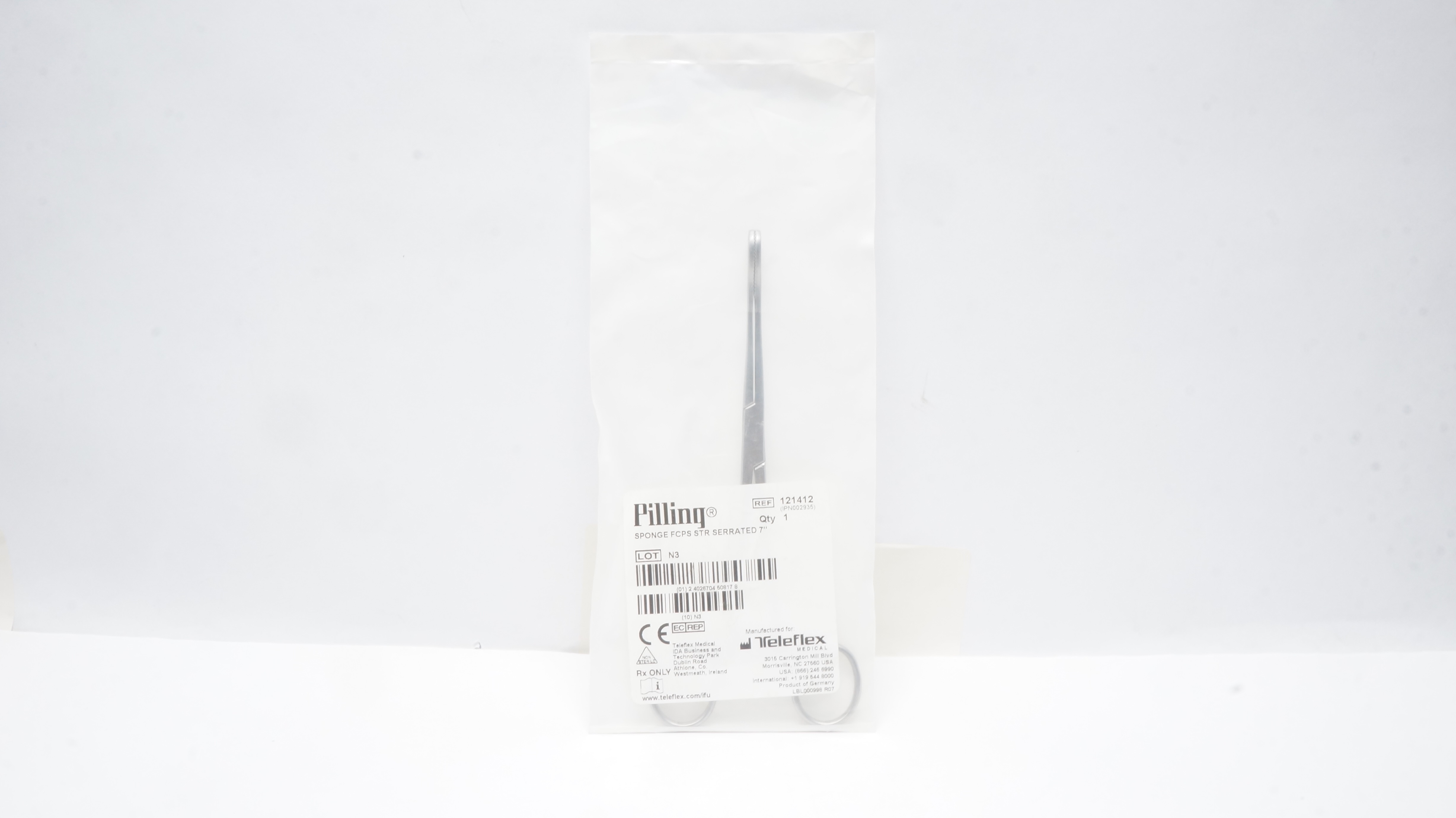 Teleflex 121412 Pilling Sponge Forceps Straight, Serrated, 7inch