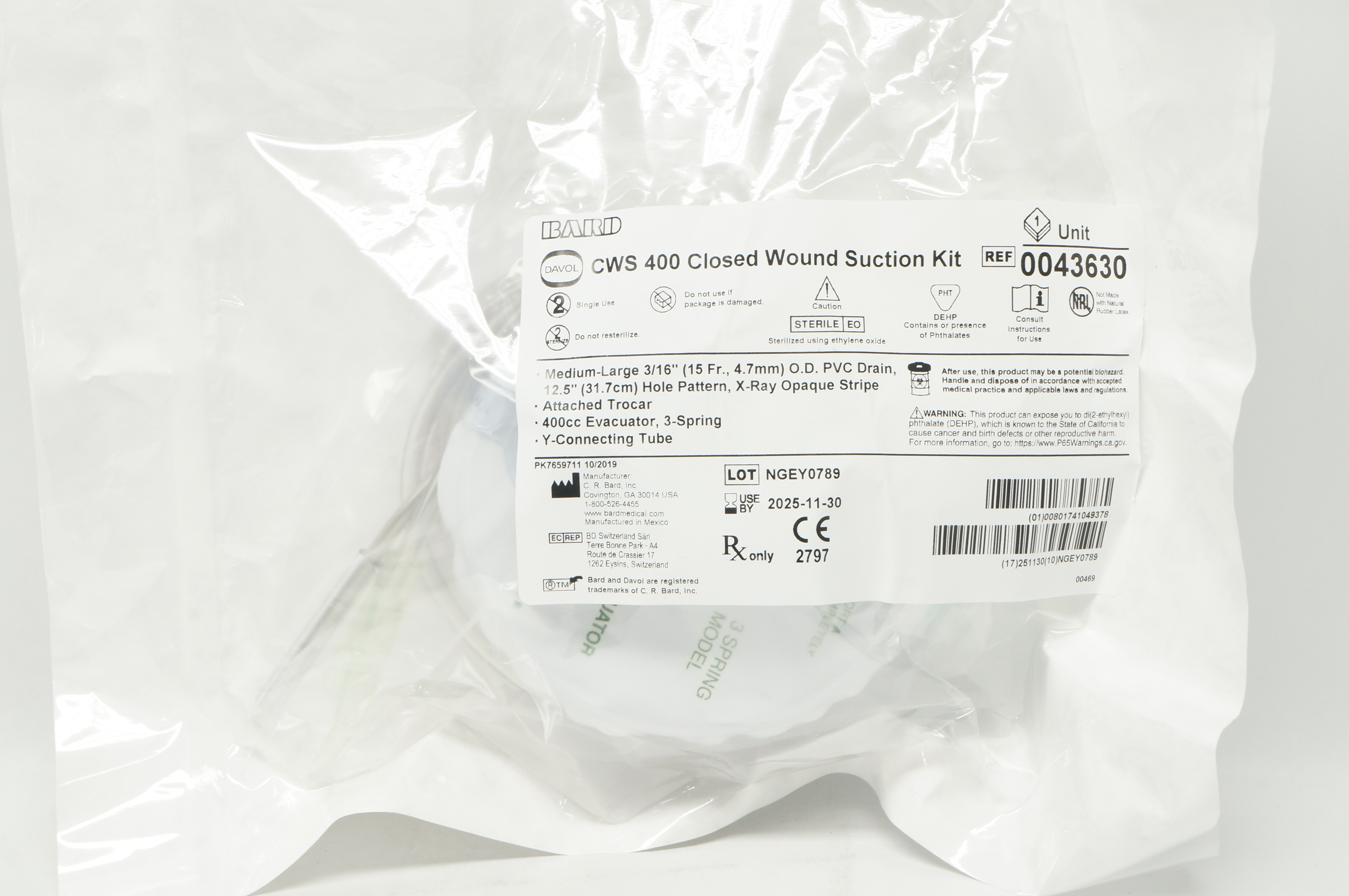 Bard 0043630 Davol CWS 400 Closed Wound Suction Kit
