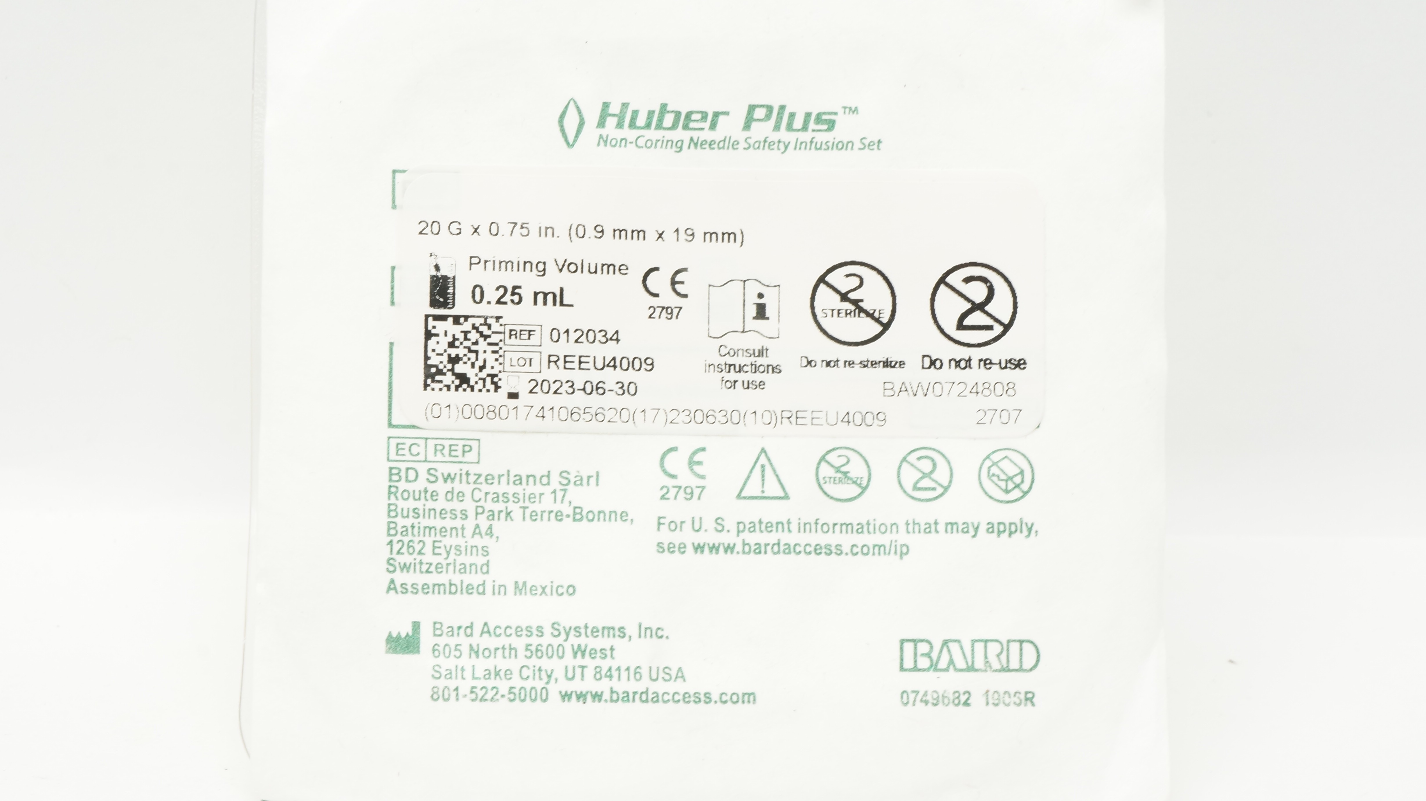 Bard 012034 HuberPlus Non-Coring Ndle Safety Infusion Set 20G x 0.75inch (x)