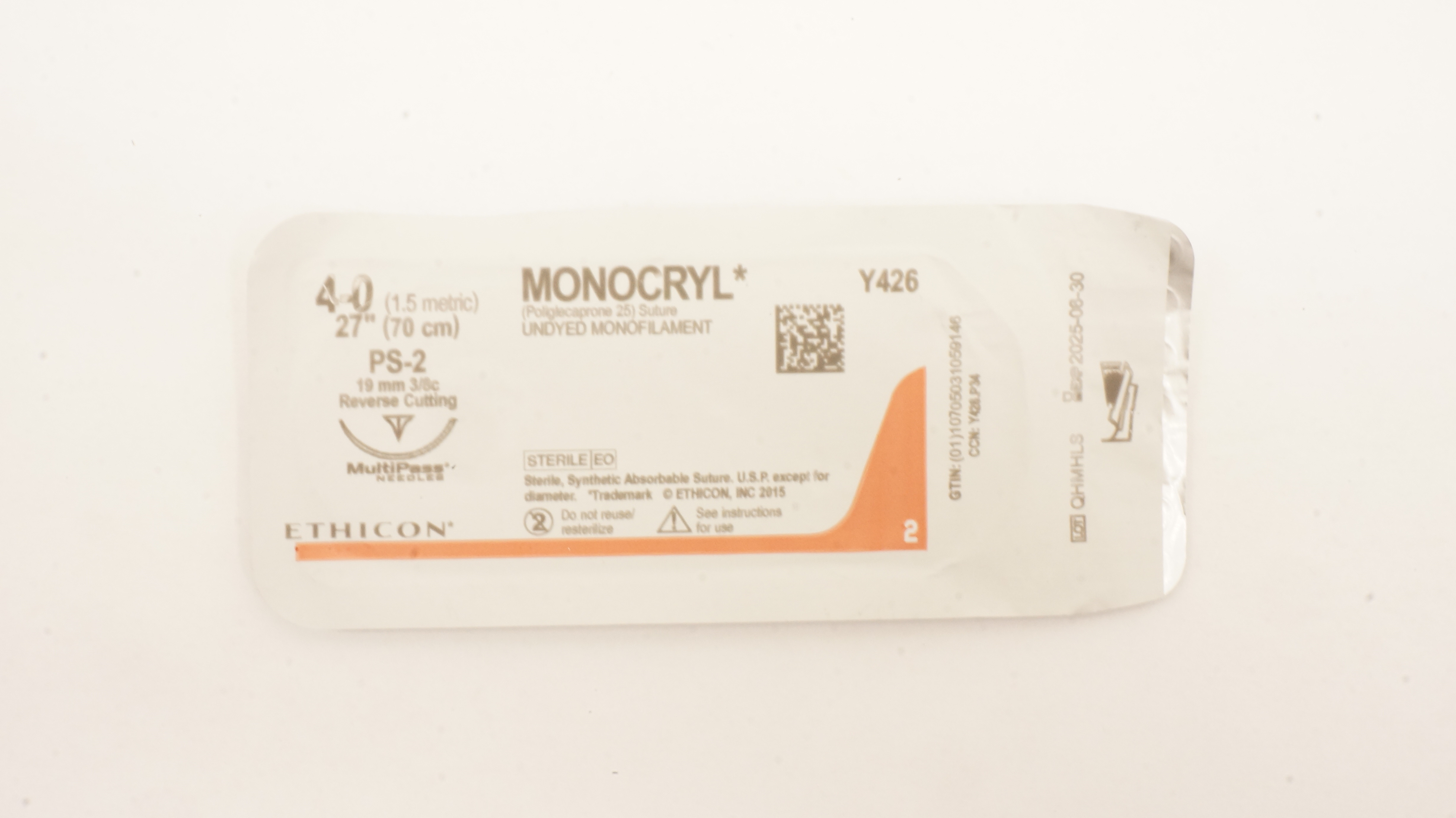 Ethicon Y426 4-0 Monocryl Poliglecaprone 25 Stre PS-2 19mm 3/8c, 27inch