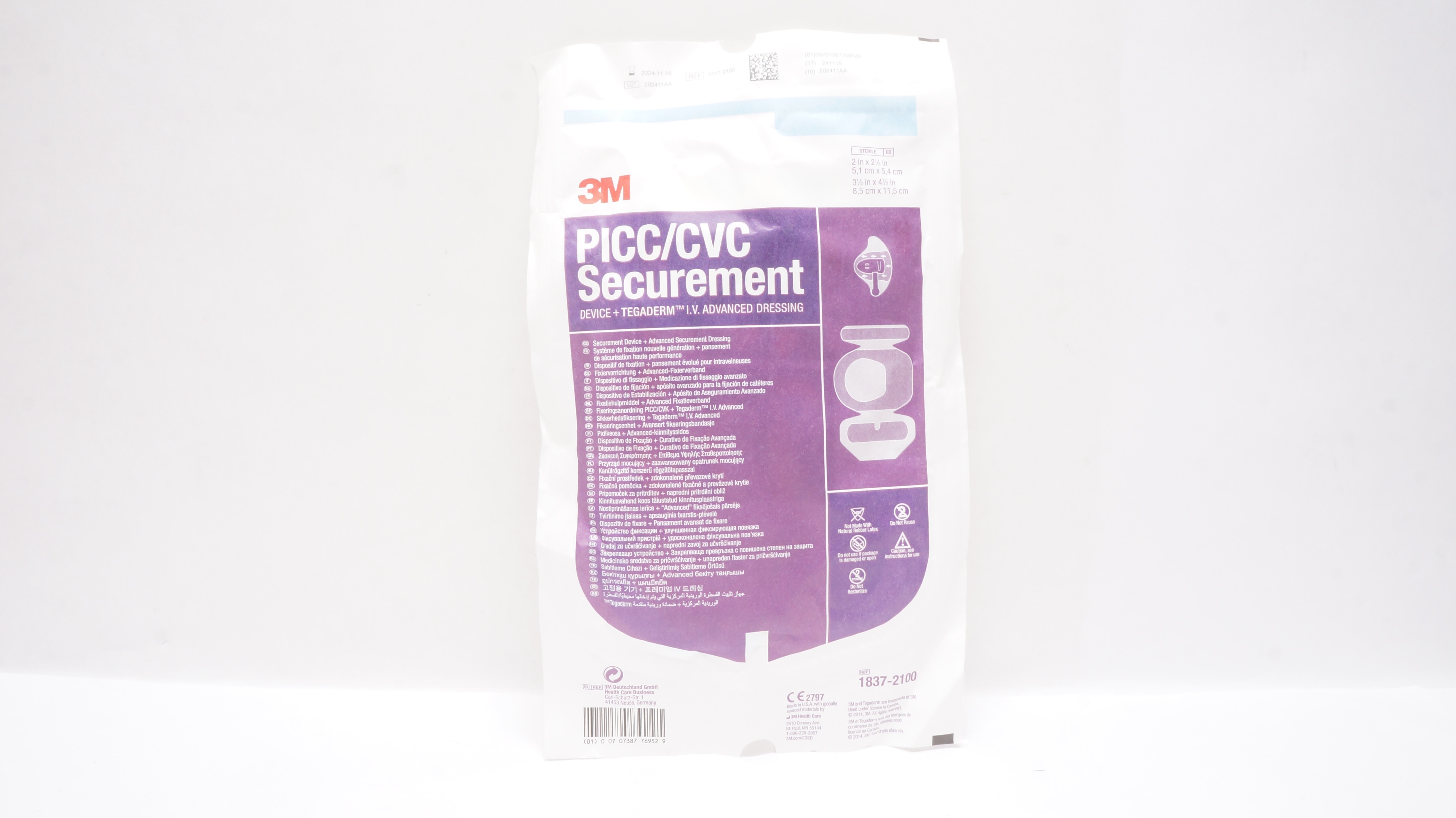 3M 1837-2100 PICC/CVC Securement Device +Dressing 2x2-1/8inch 3-1/2x4-1/2inch