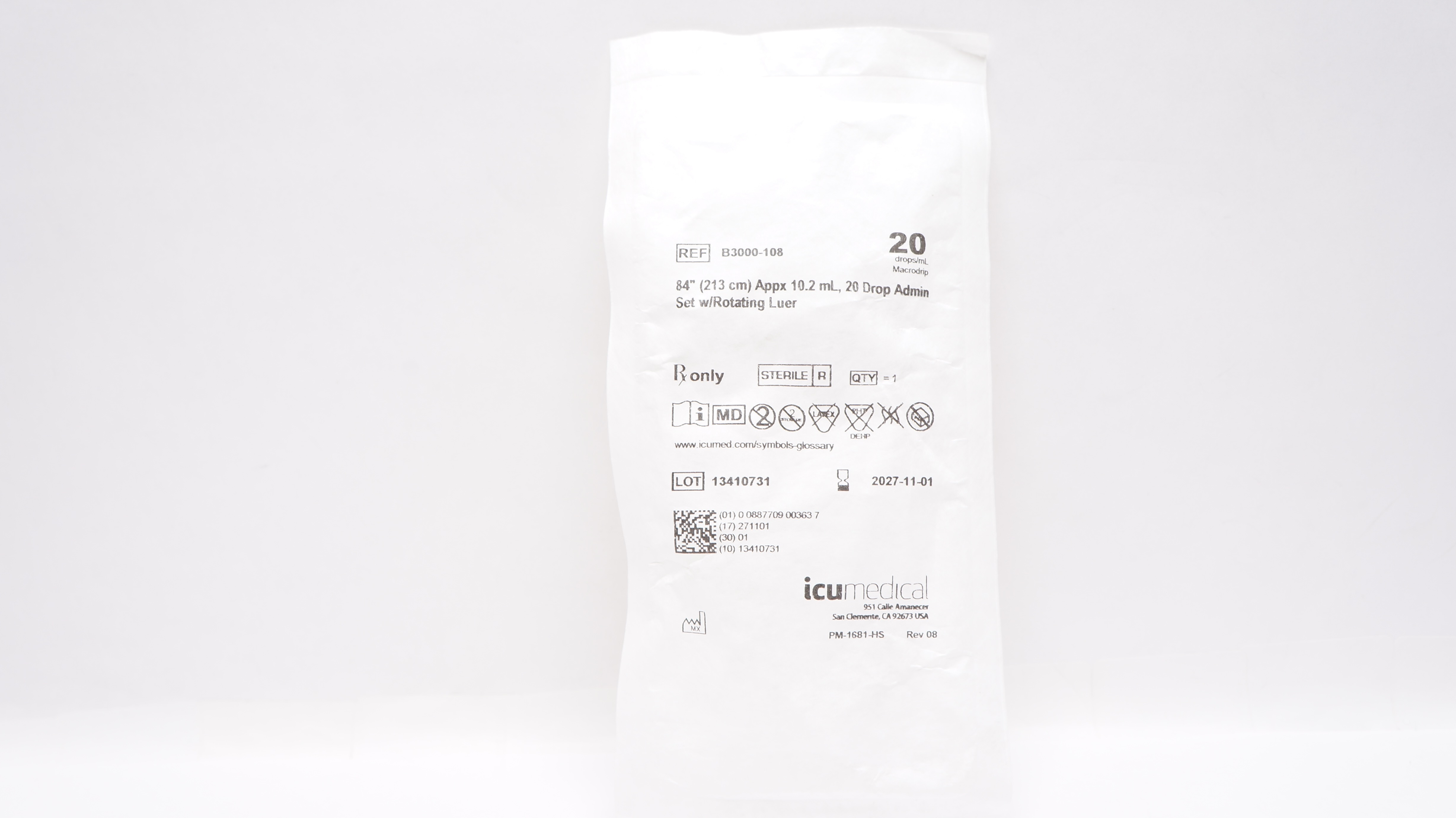 IcuMedical B3000-108 84In Appx. 10.2mL, 20 Drop Admin Set W/Rotating Luer