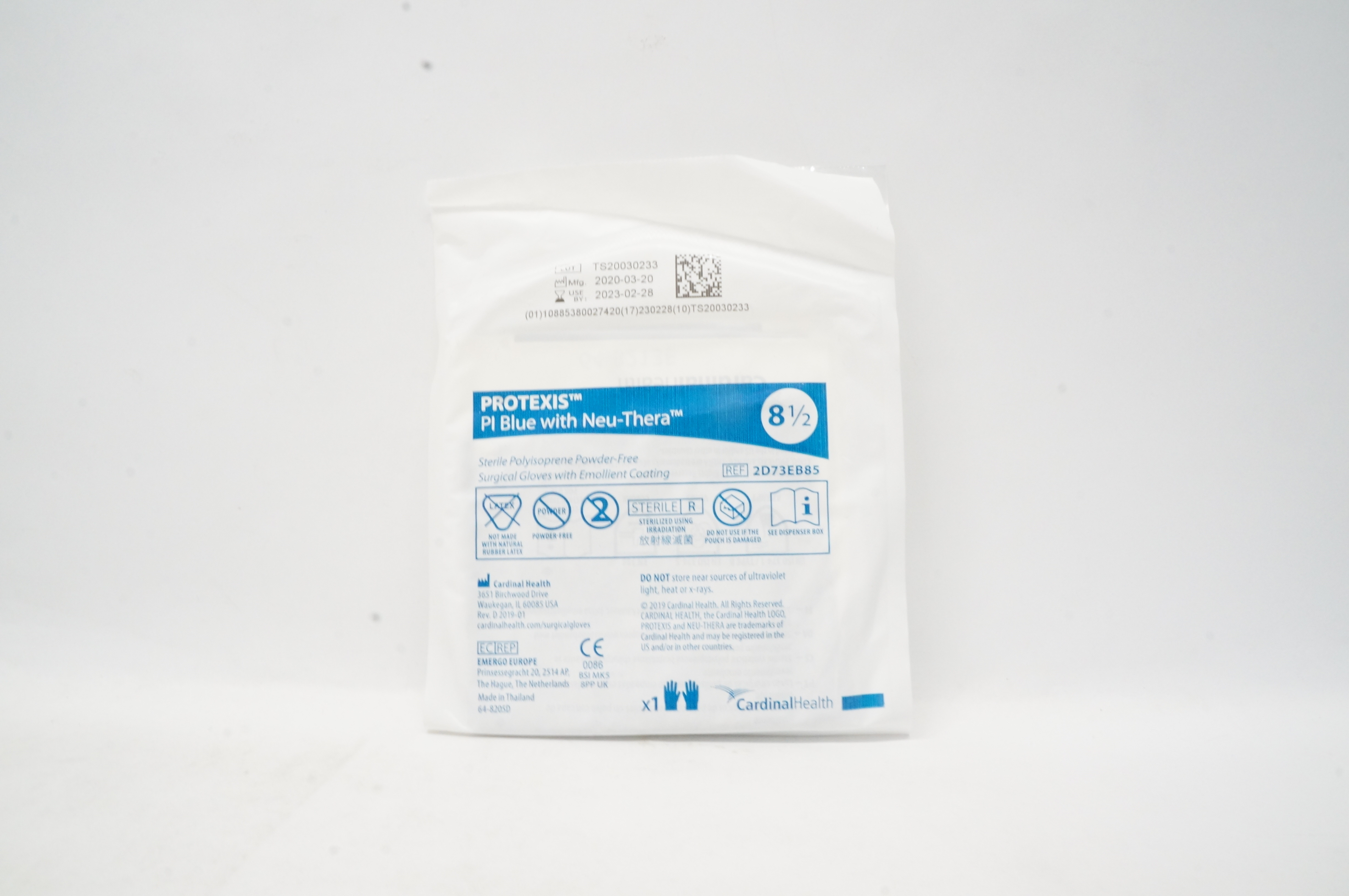 Cardinal Health 2D73EB85 Protexis Pl Blue with Neu-Thera Surgical Gloves, 8 1/2
