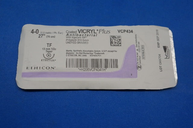 Ethicon VCP434 4-0 VICRYL Plus, TF 13mm 1/2c Taper, Antibacterial, 27