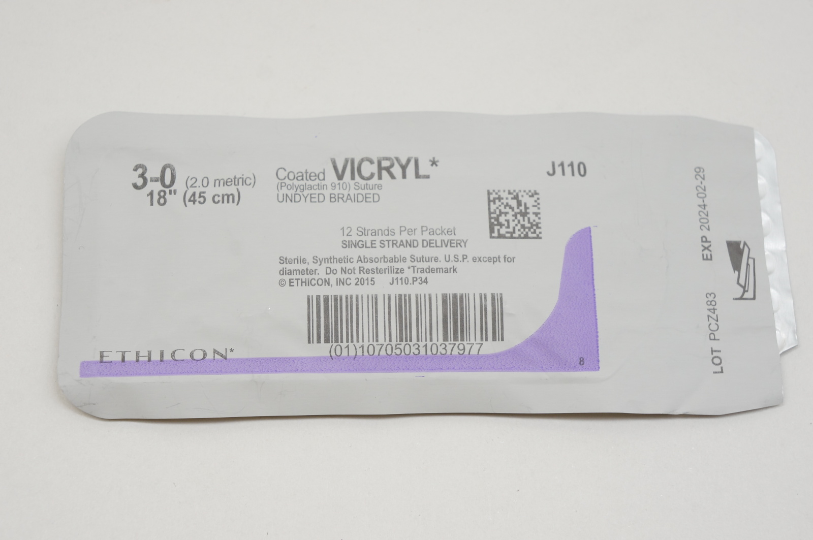 Ethicon J110 3-0 VICRYL, Undyed Braided, 18inch