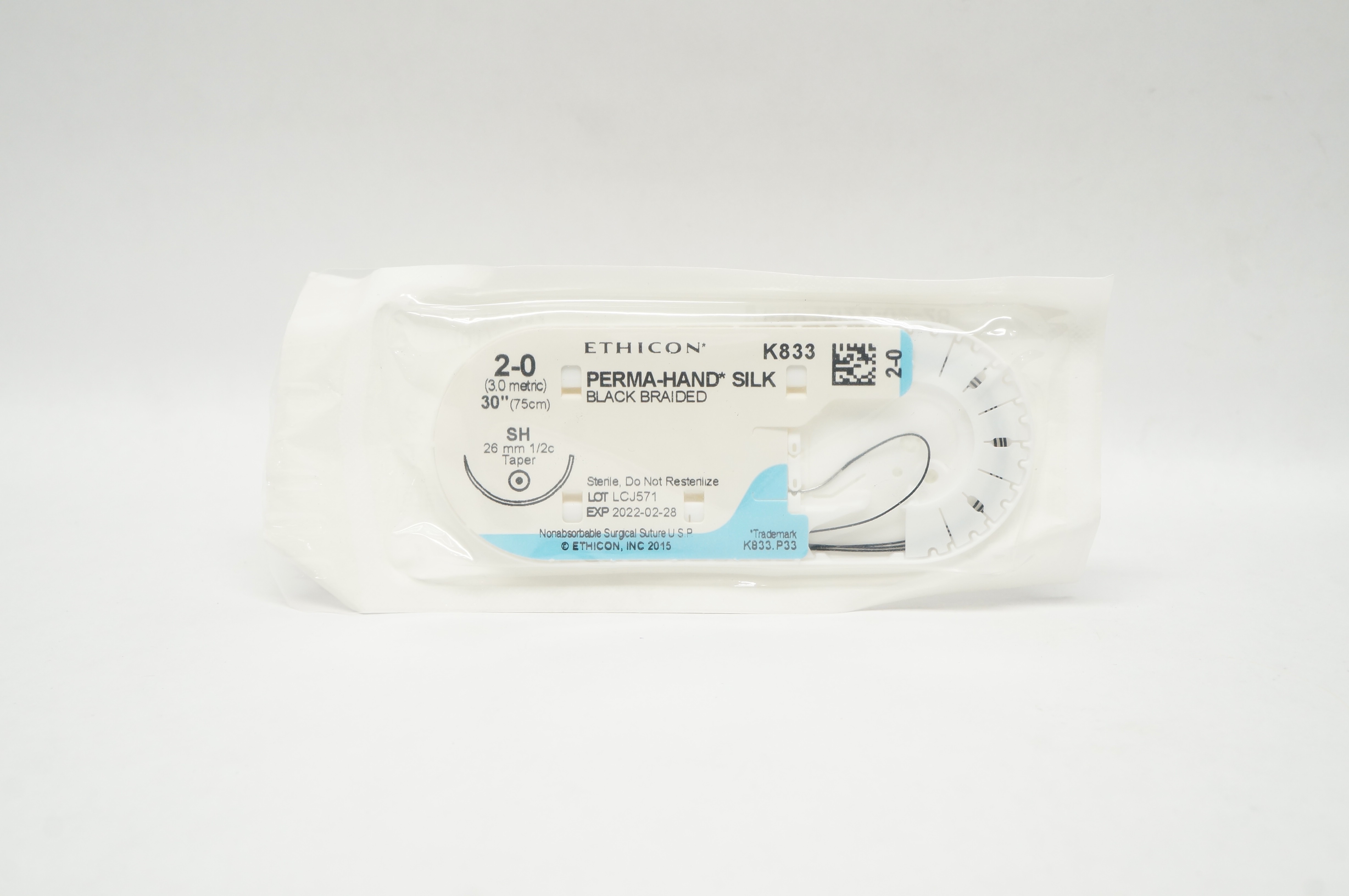 Ethicon K833 2-0 PERMA-HAND SILK Stre SH 26mm 1/2c Taper, 30inch (x)