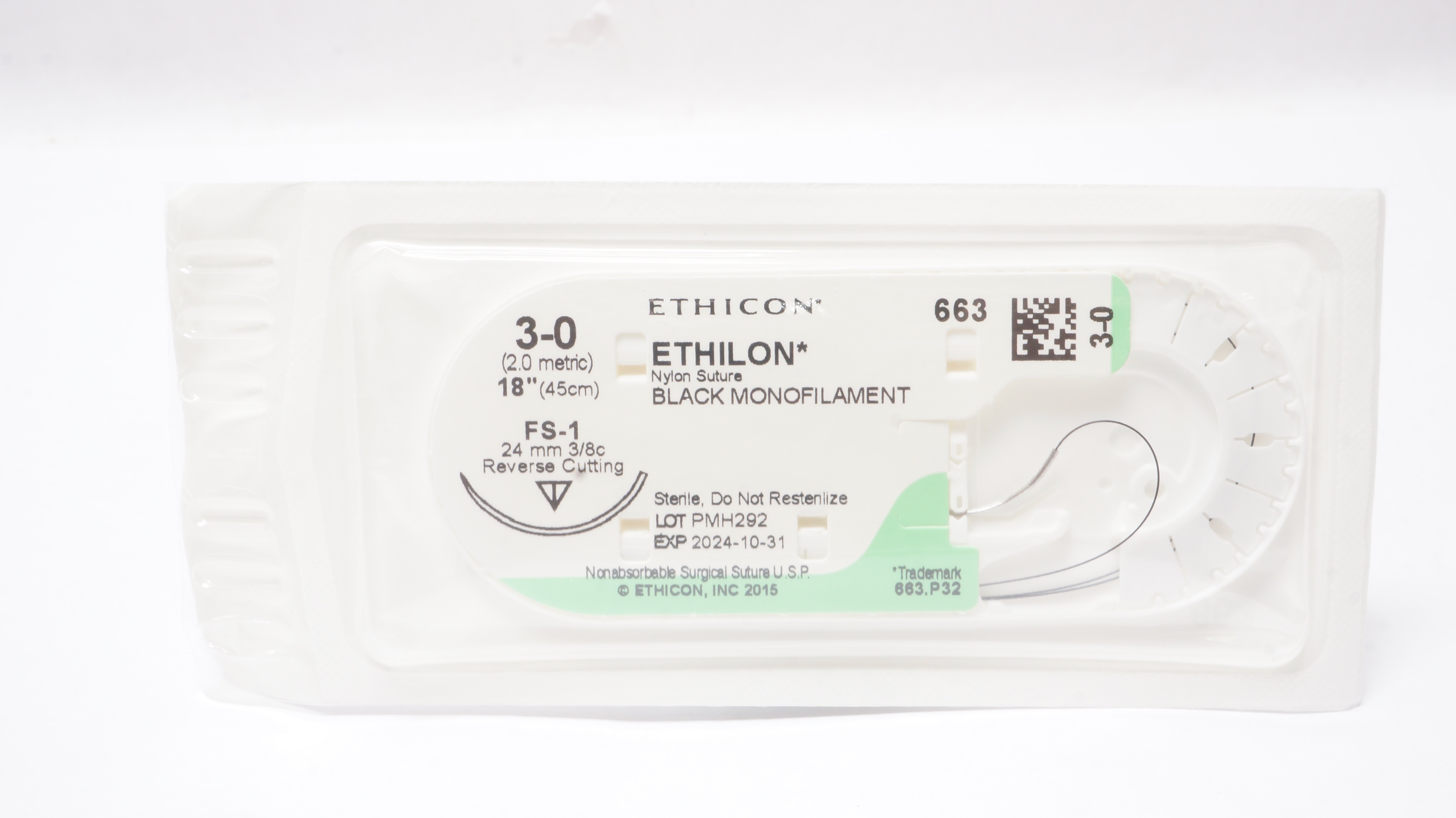 Ethicon 663 3-0 Ethilon Nylon Stre FS-1 24mm 3/8c Reverse Cutting 18inch