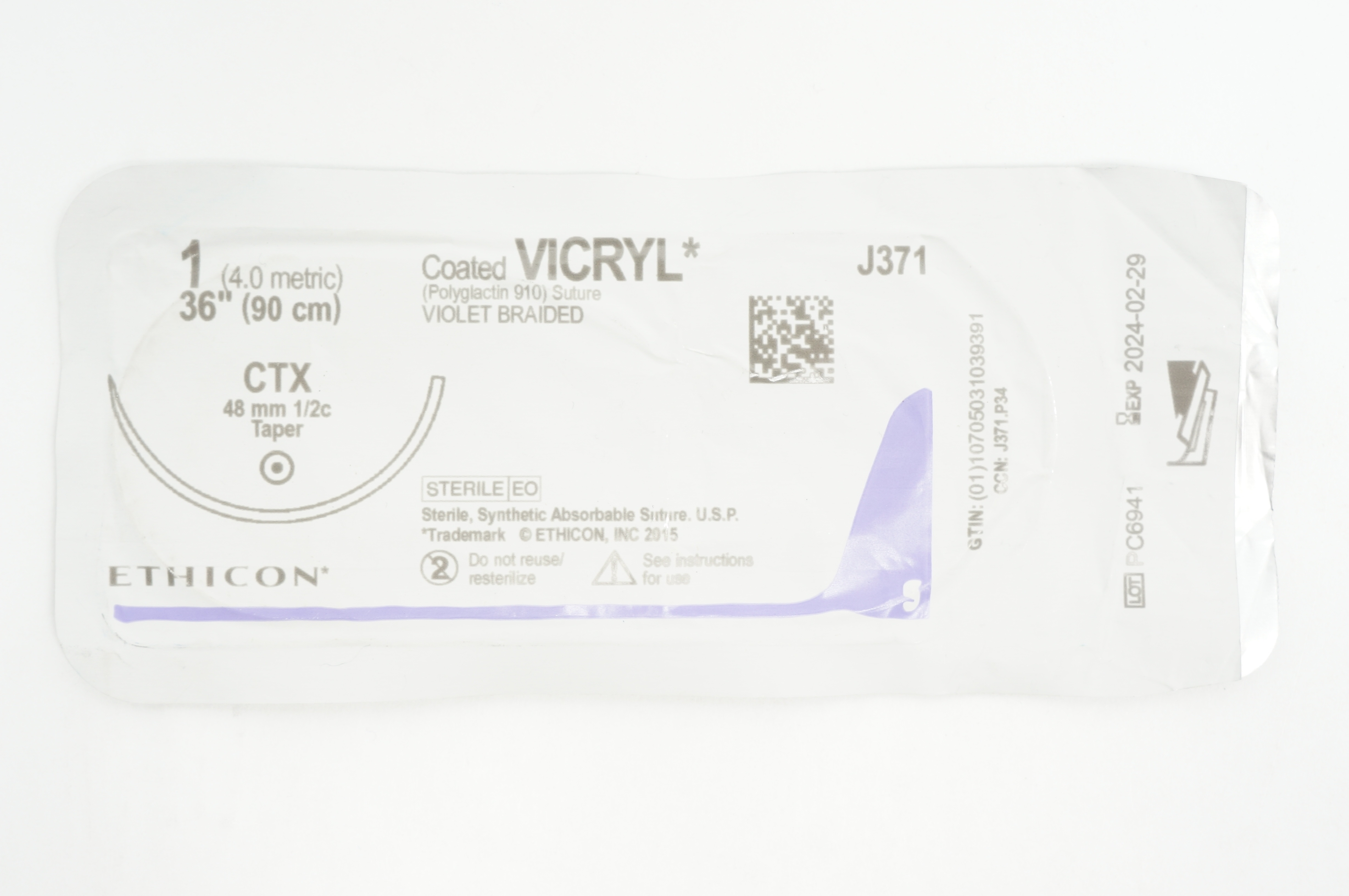 Ethicon J371 1 Coated VICRYL CTX 48 mm 1/2c Taper 36 inch