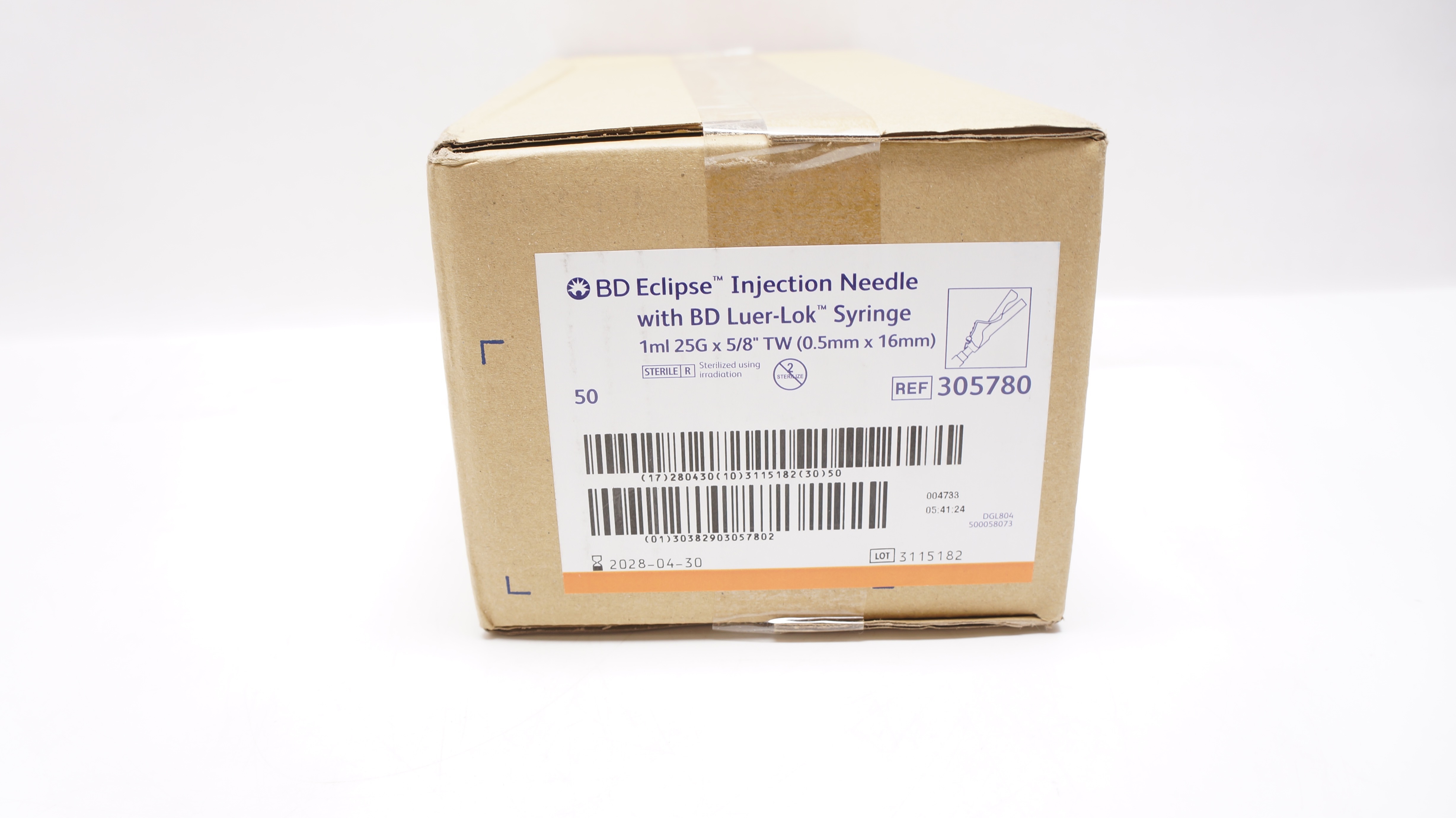 BD 305780 Eclipse Injection Ndle W/ Luer-Lok Syringe 1ml, 25G x 5/8 - Box of 50