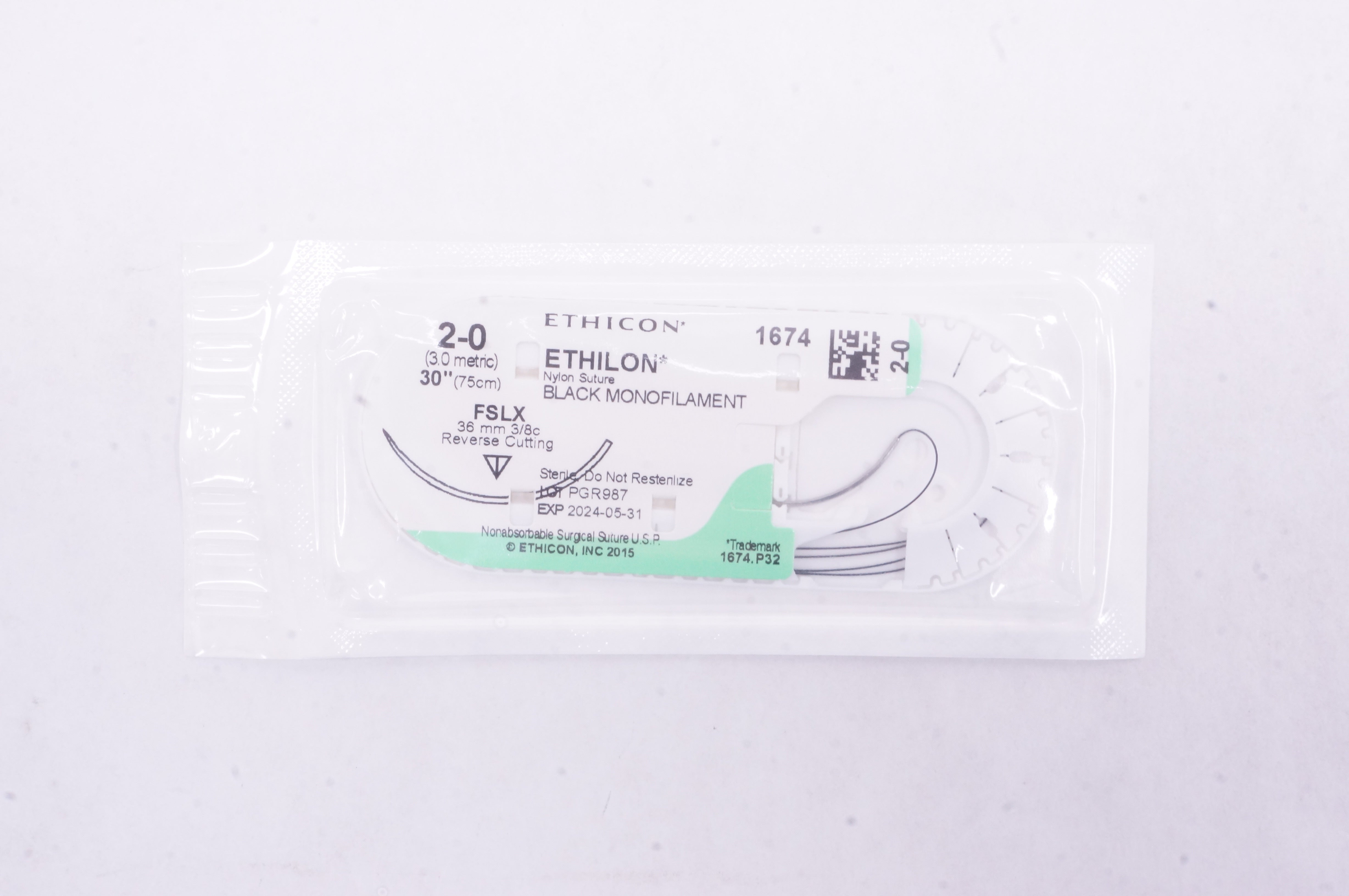 Ethicon 1674 2-0 ETHILON, FSLX, 36mm 3/8c Reverse Cutting, 30inch