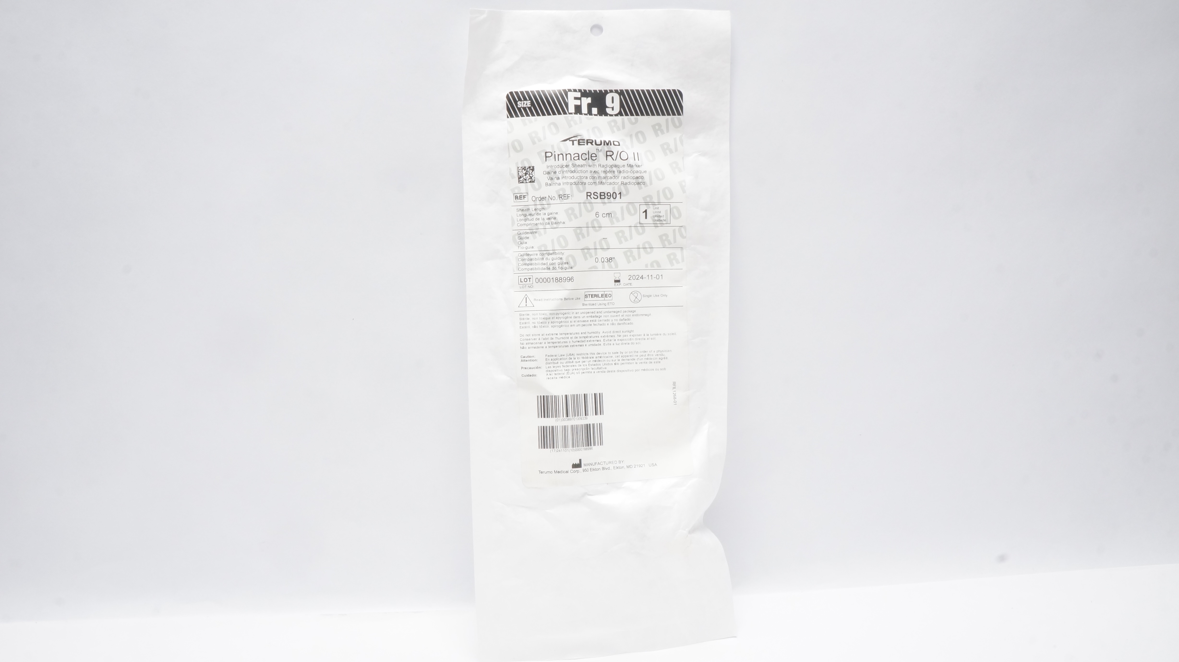 Terumo RSB901 Pinnacle R/O II Introducer Sheath w/Radiopaque Marker 6cm x 9Fr(x)