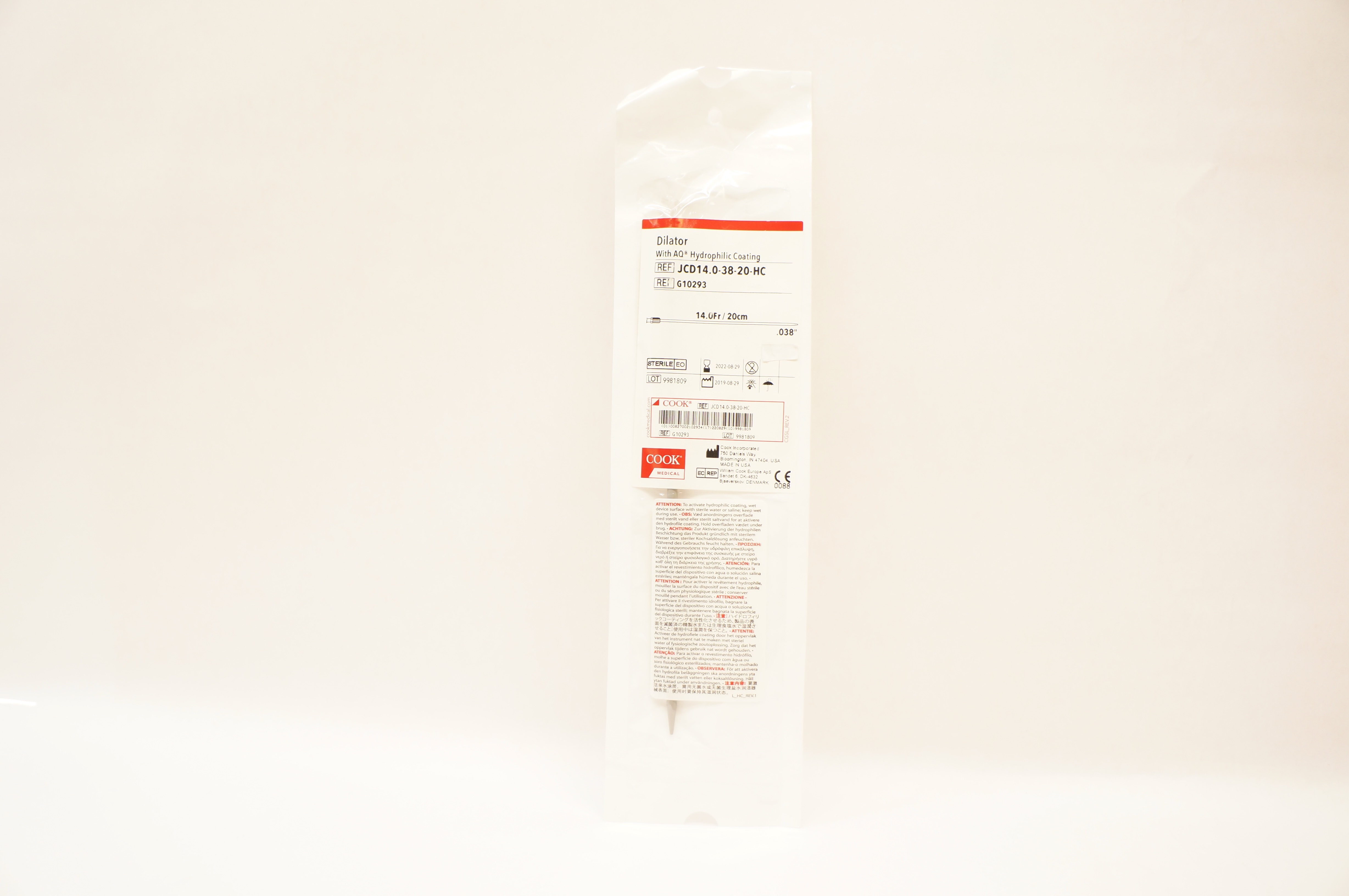 Cook Medical G10293 Dilator W/ AQ Hydrophilic Coating 14.0Fr/20cm x 0.038inch(x)