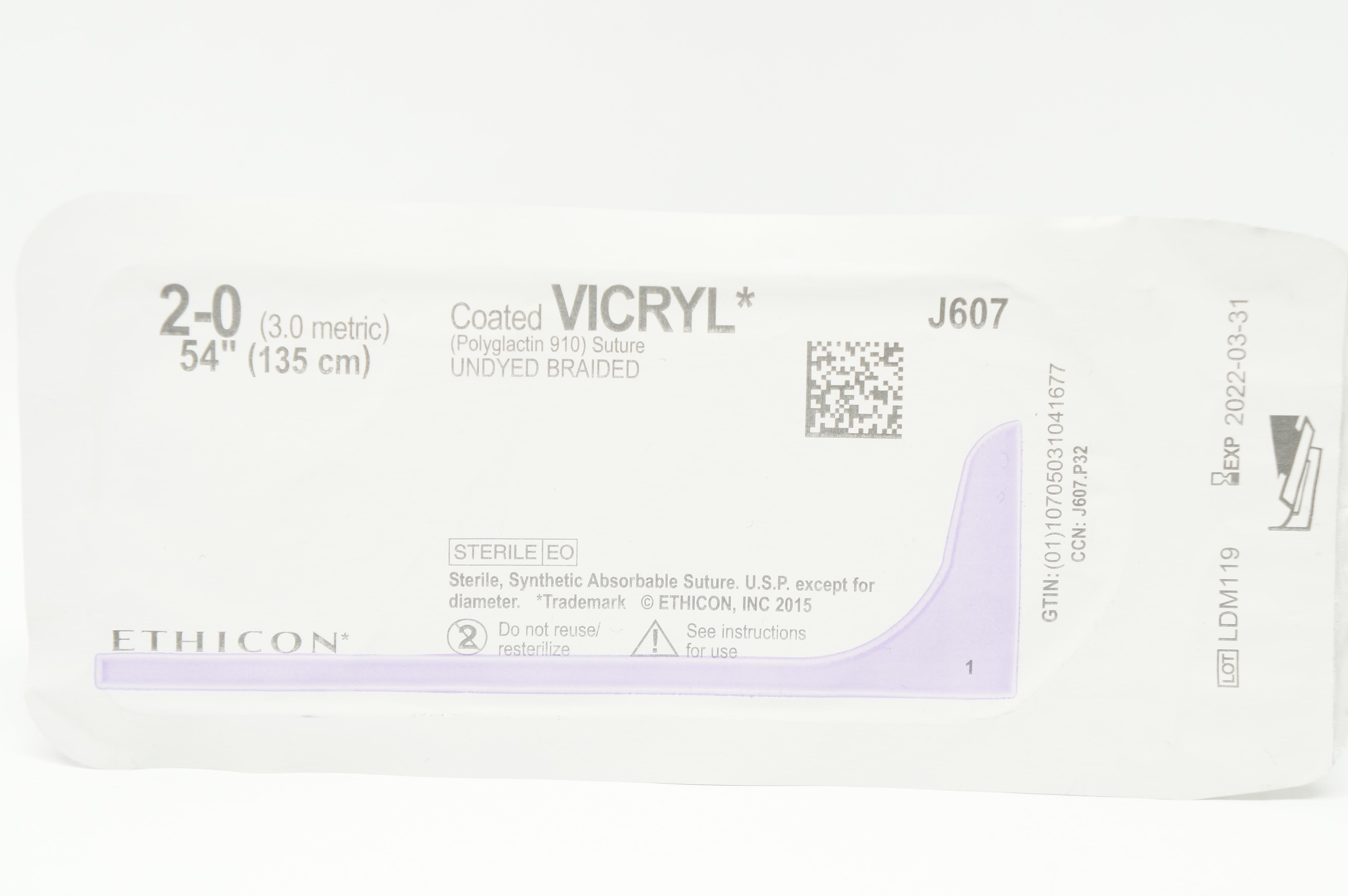 Ethicon J607 2-0 Coated Vicryl Polyglactin 910 Stre Undyed Braided 54inch