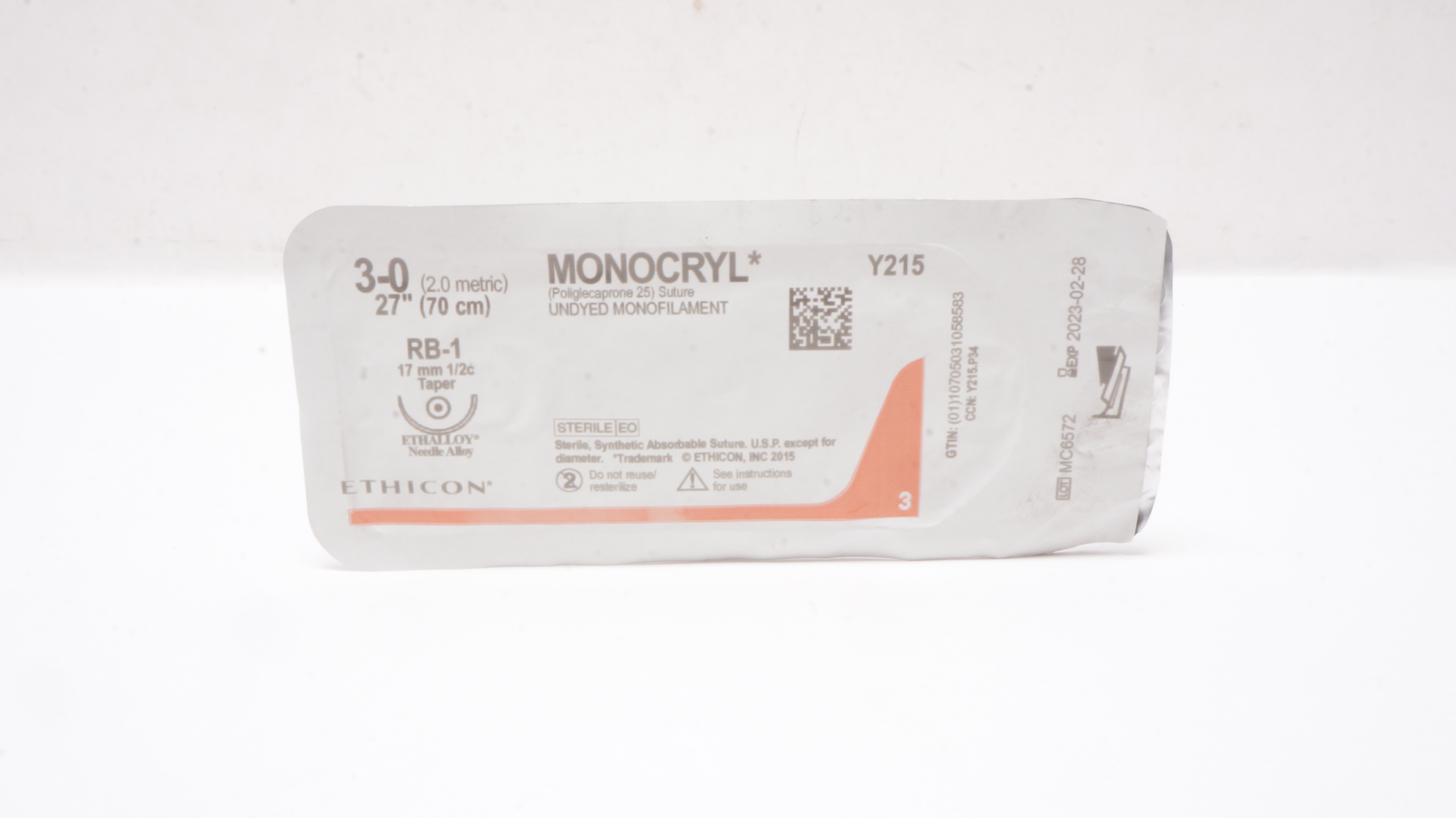 Ethicon Y215 3-0 MONOCRYL Poliglecaprone 25 Stre RB-1 17mm 1/2c Taper 27 in. (x)