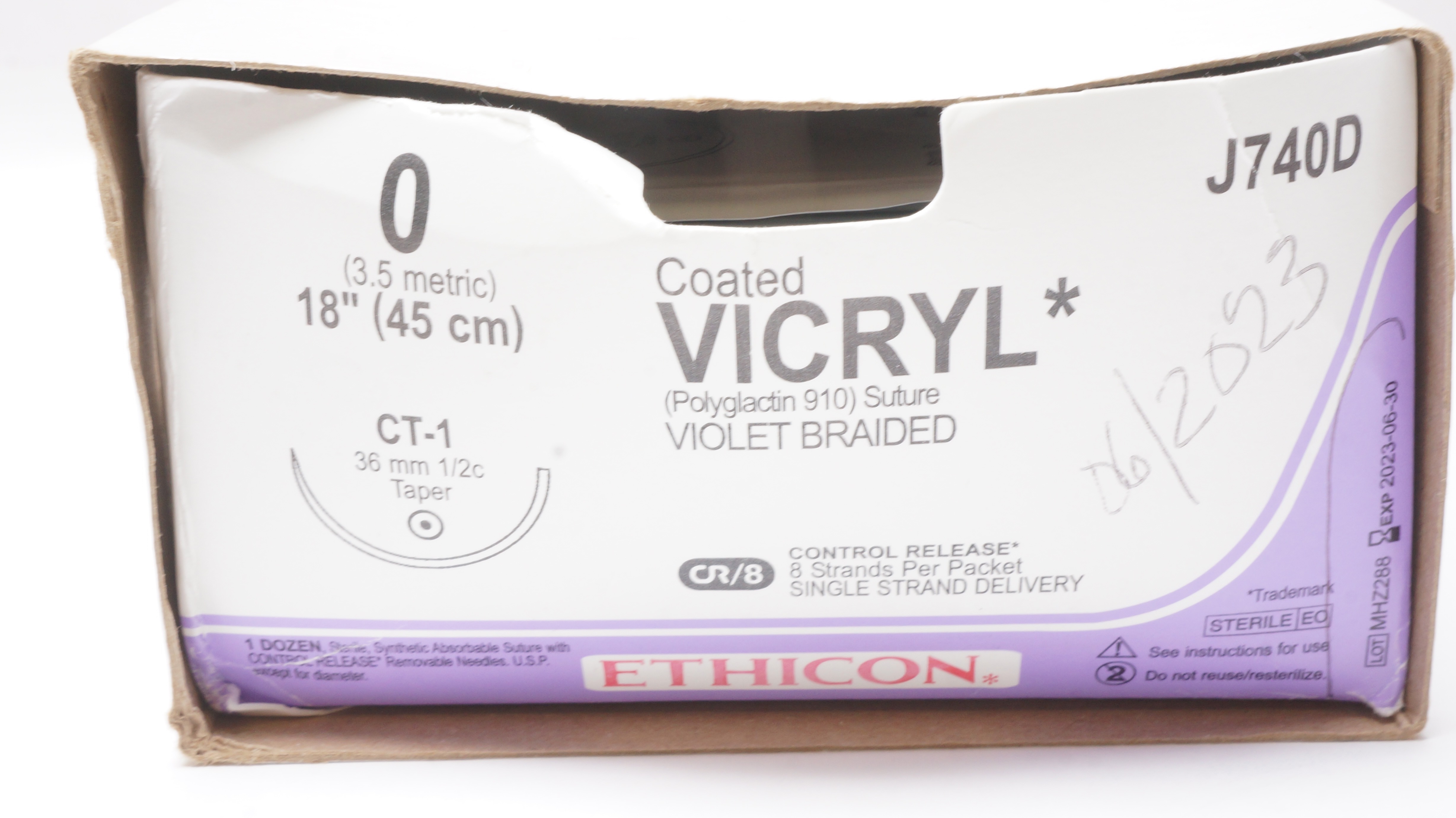 Ethicon J740D 0 Coated VICRYL CT-1 36mm 1/2c Taper, 18inch (x) - Box of 11