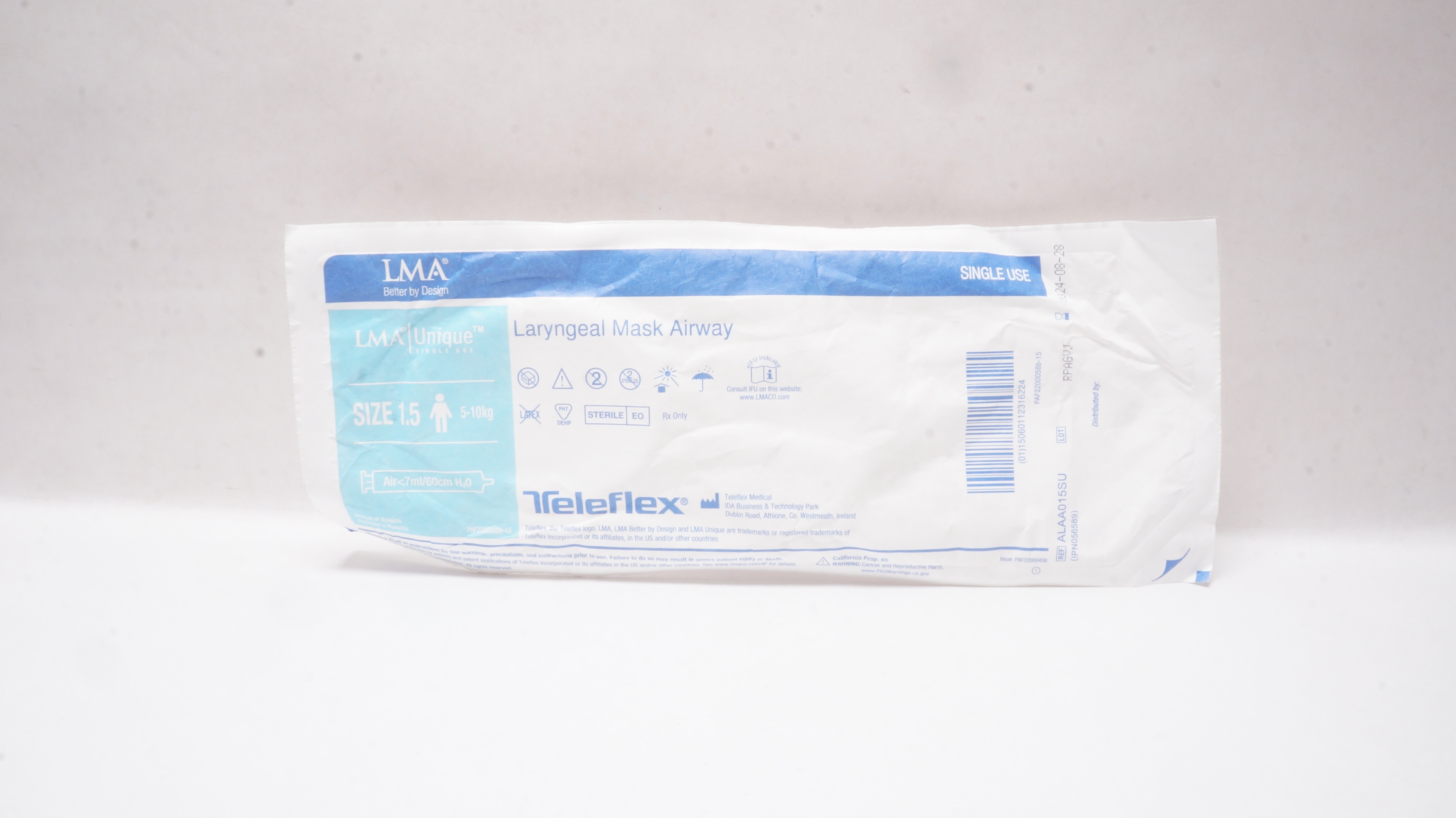 Teleflex ALAA015SU LMA Laryngeal Mask Airway Size 1.5 5-10kg Air <7ml/60cm H2O