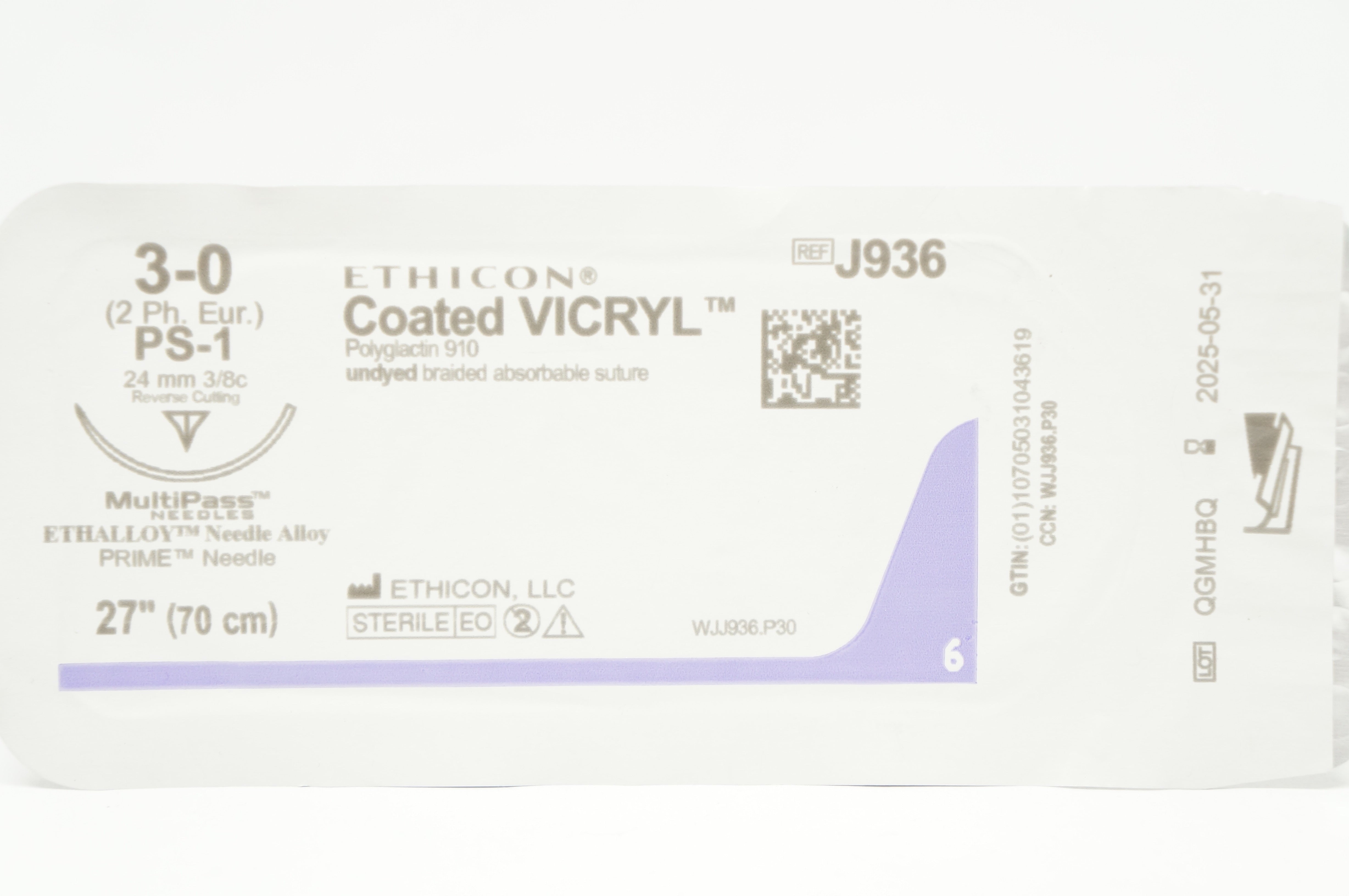 Ethicon J936 Coated Vicryl Stre PS-1 24mm 3/8c Reverse Cutting, 27inch