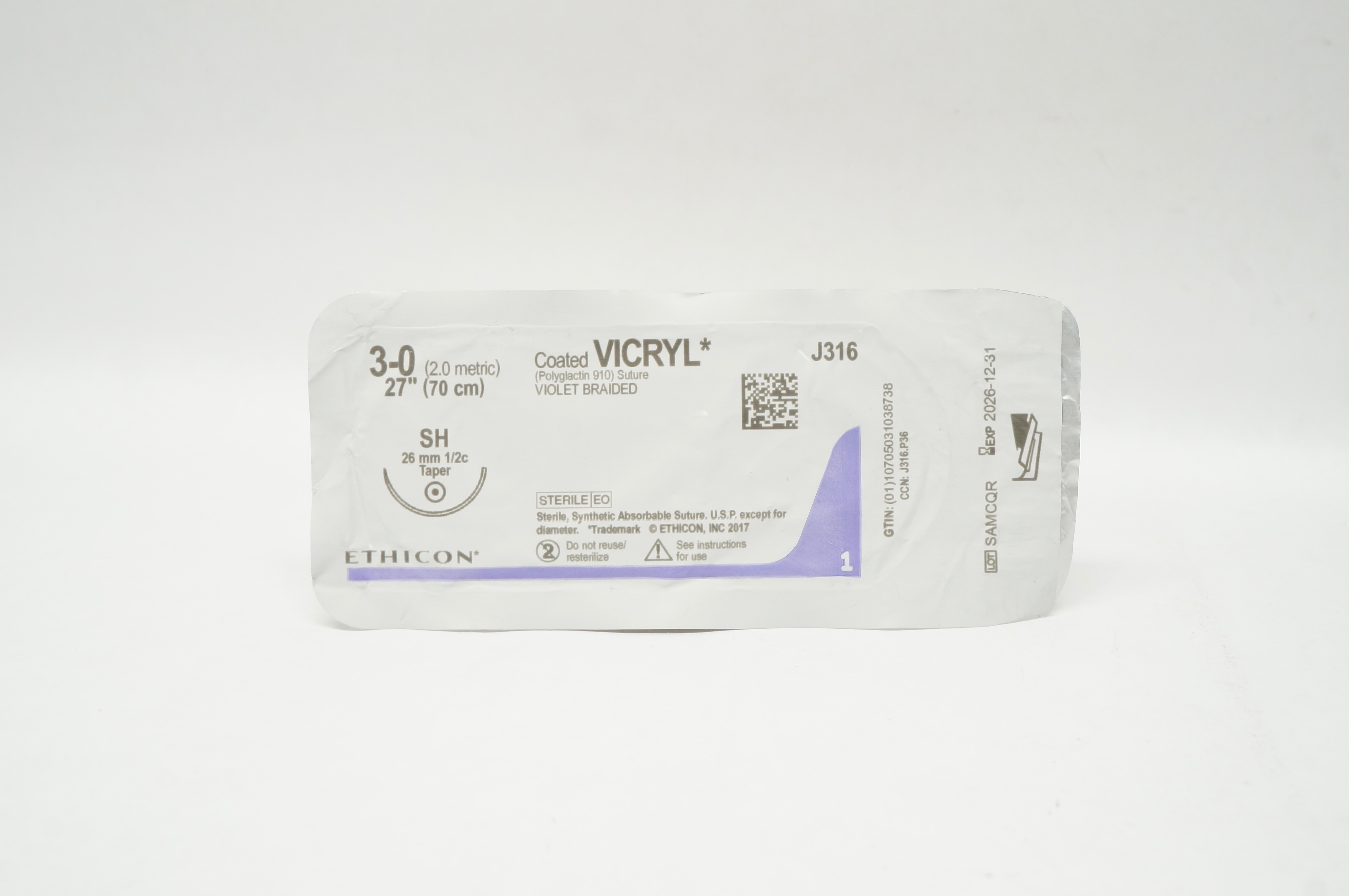 Ethicon J316 3-0 Coated VICRYL Polyglactin 910 Stre SH 26mm 1/2c Taper 27inch