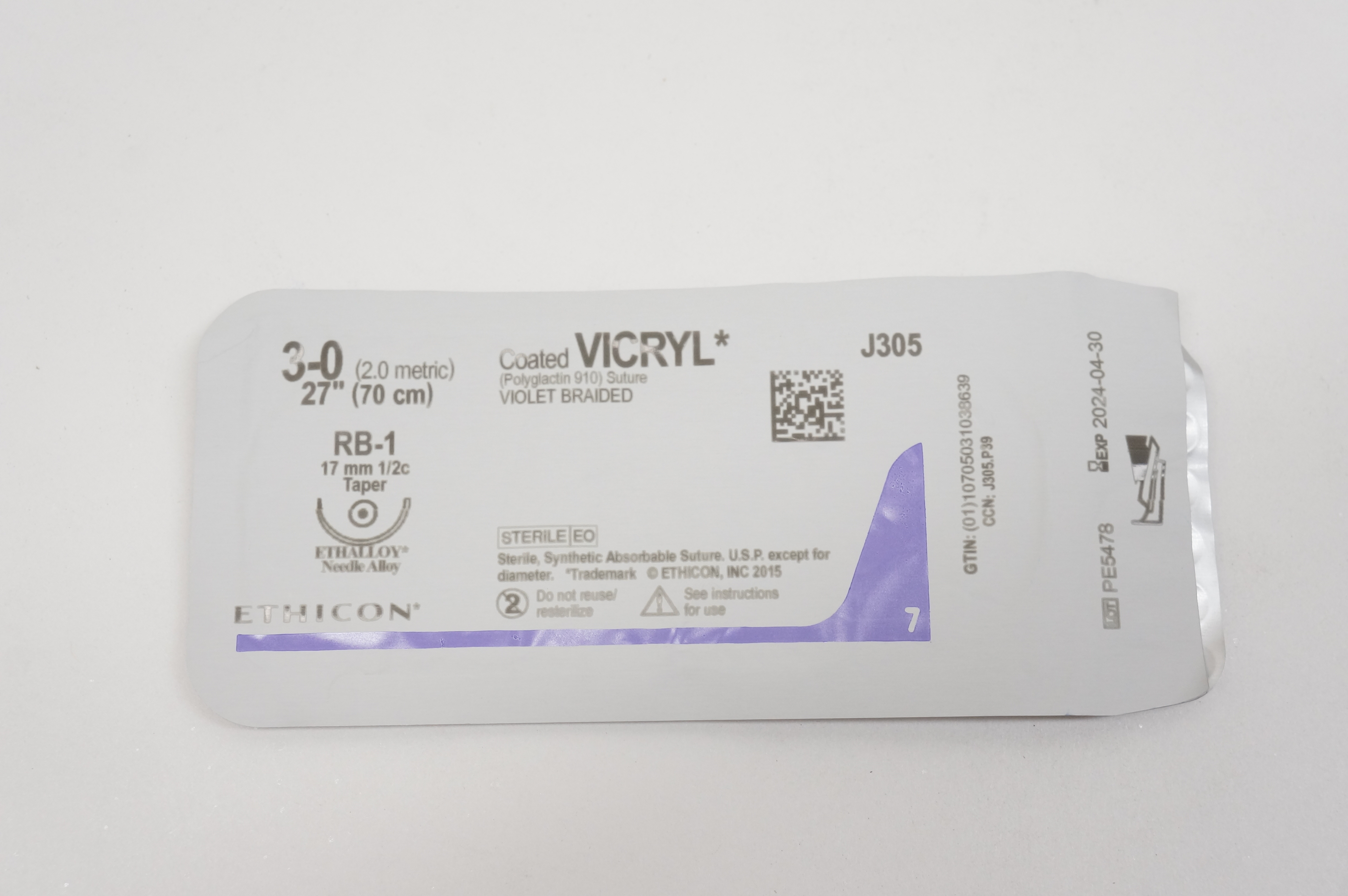 Ethicon J305 3-0 VICRYL, RB-1, 17mm 1/2c Taper, 27inch