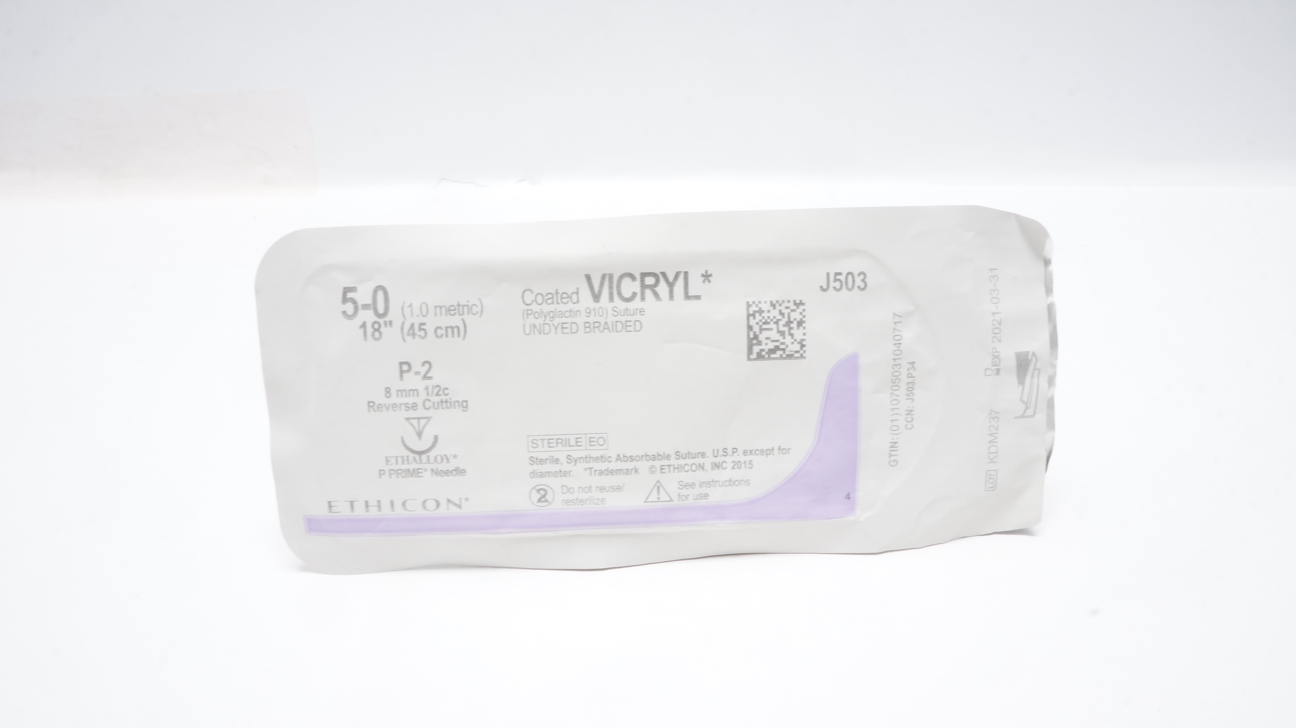 Ethicon J503 5-0 Coated VICRYL Stre P-2 8mm 1/2c Reverse Cutting 18inch (x)