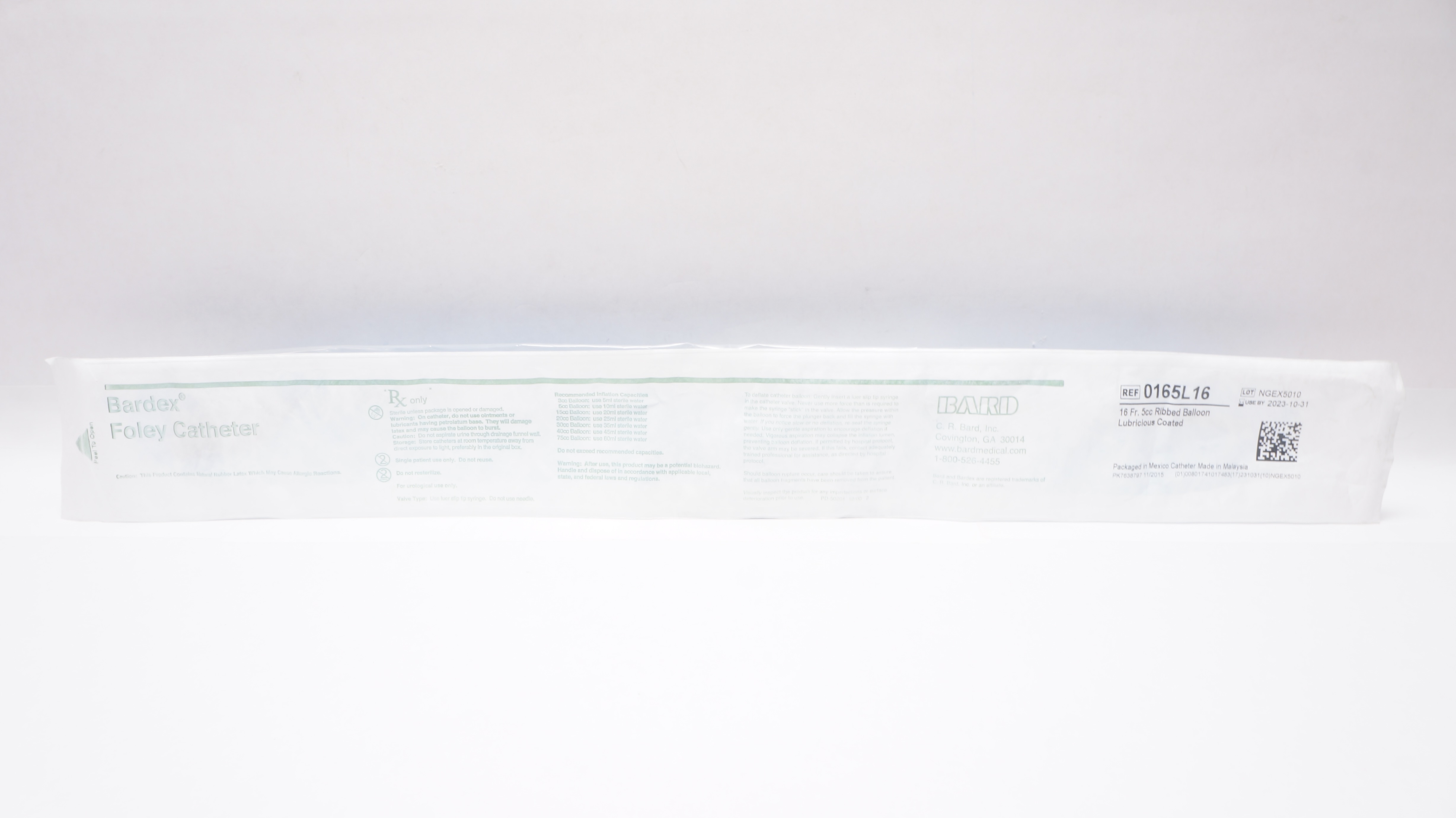 Bard 0165L16 Foley Cath. 16 Fr. 5cc Ribbed Balloon Lubricious Coated (x)