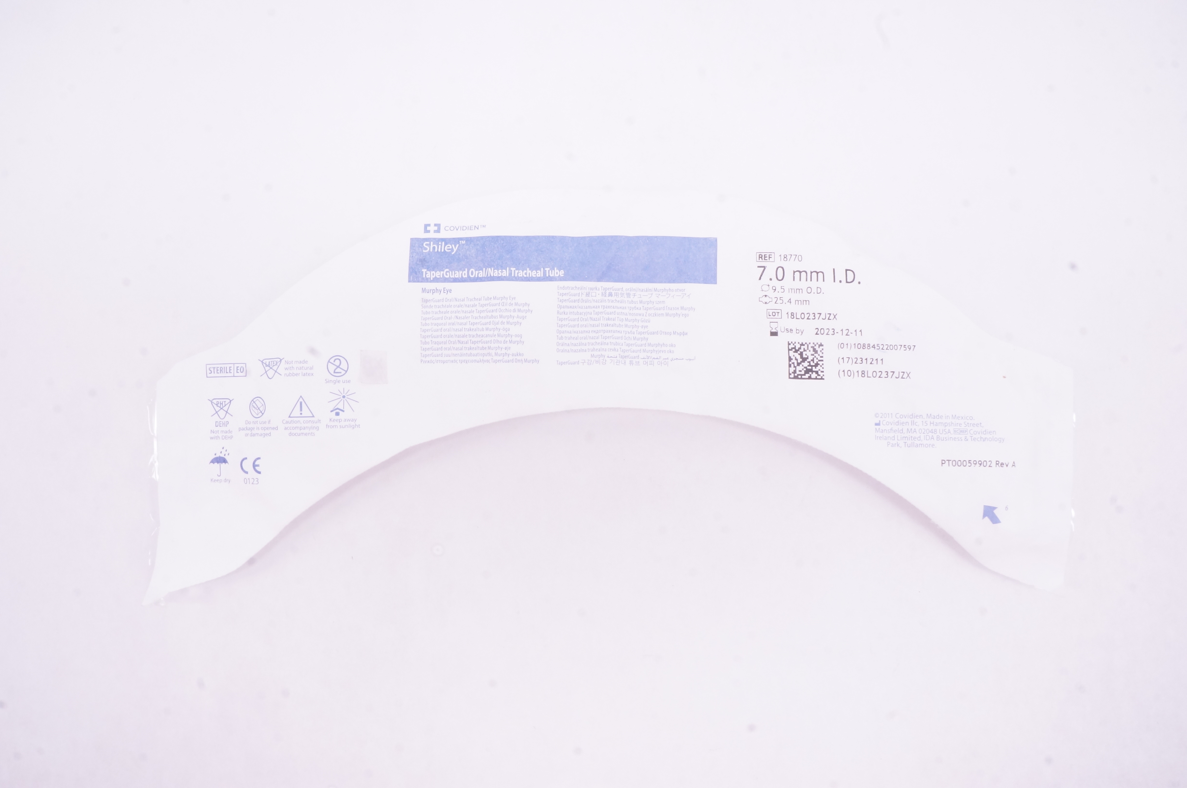 Covidien 18770  Shiley TaperGuard Oral/Nasal Tracheal Tube 7.0mm ID, 9.5mm OD