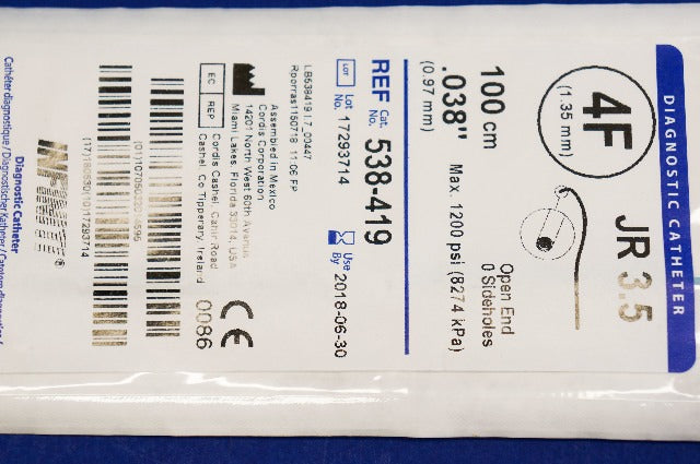 Cordis 538-419 Diagnostic Cath. 4F x 0.038in. x 100cm JR3.5 (x)