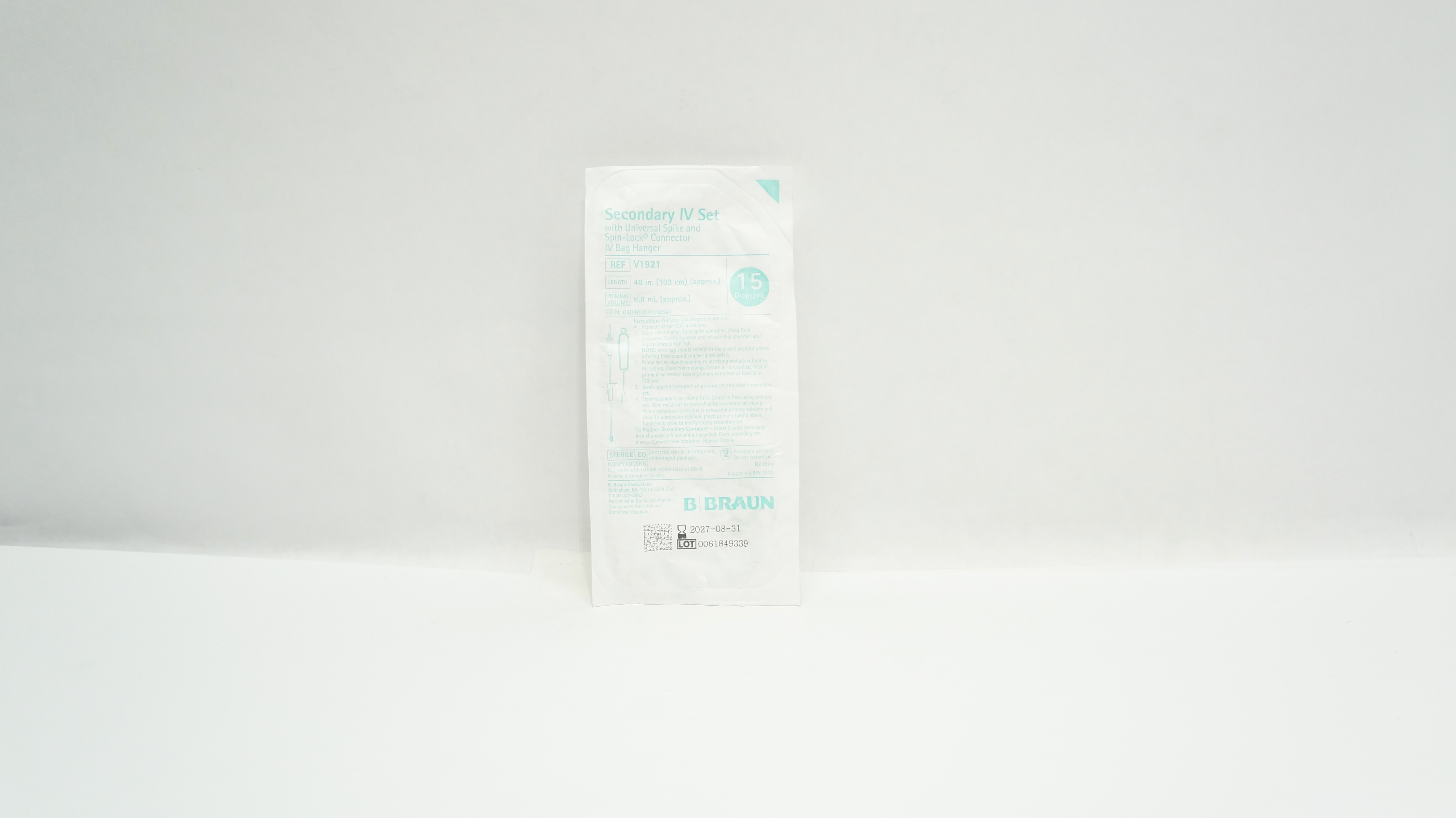 Braun V1921 Secondary IV Transfer Set 15 Drops/mL 40 inch, Priming Volume 8.8mL