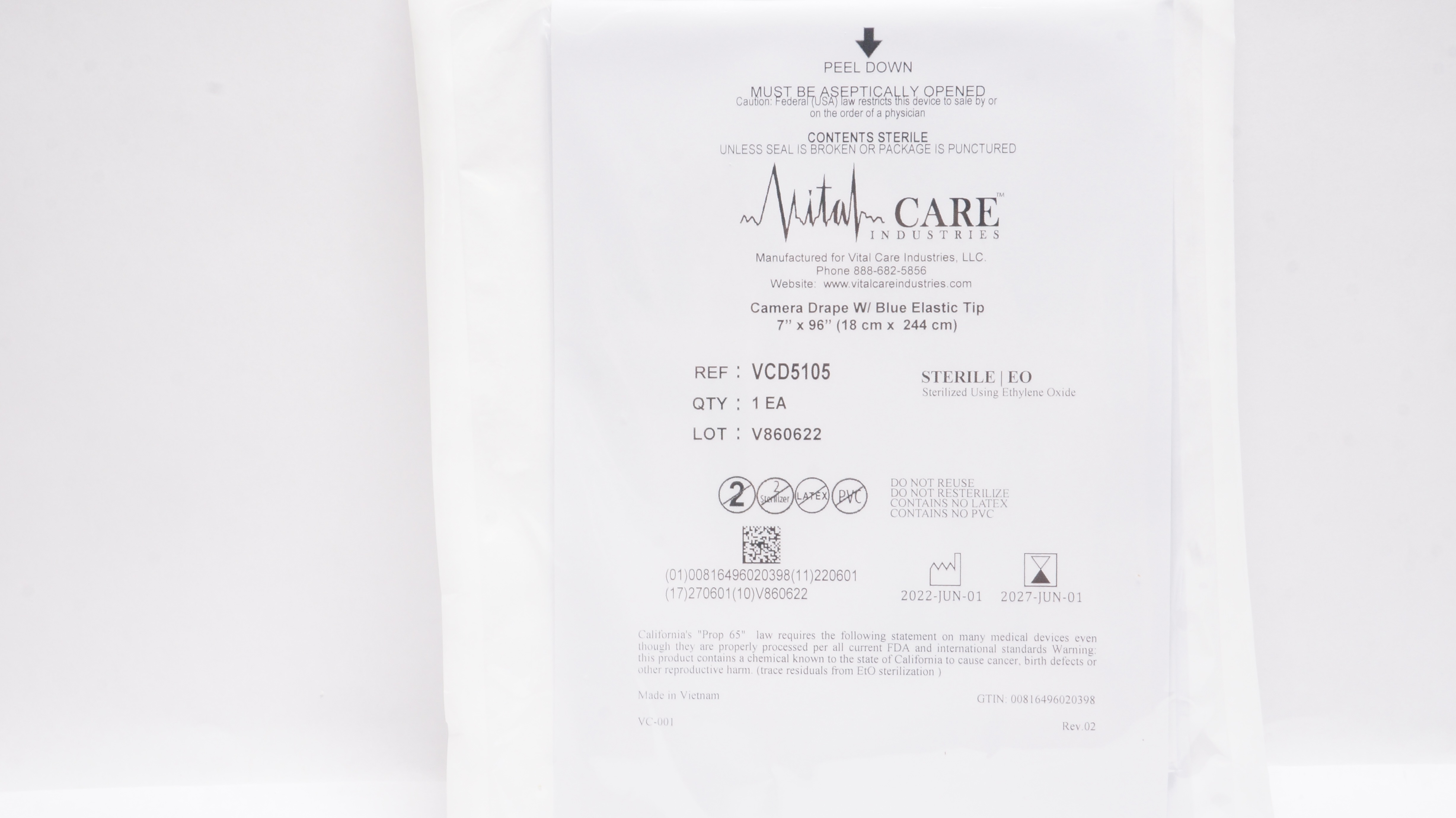 Vital Care VCD5105 Camera Drape W/Blue Elastic Tip 7inch x 96inch