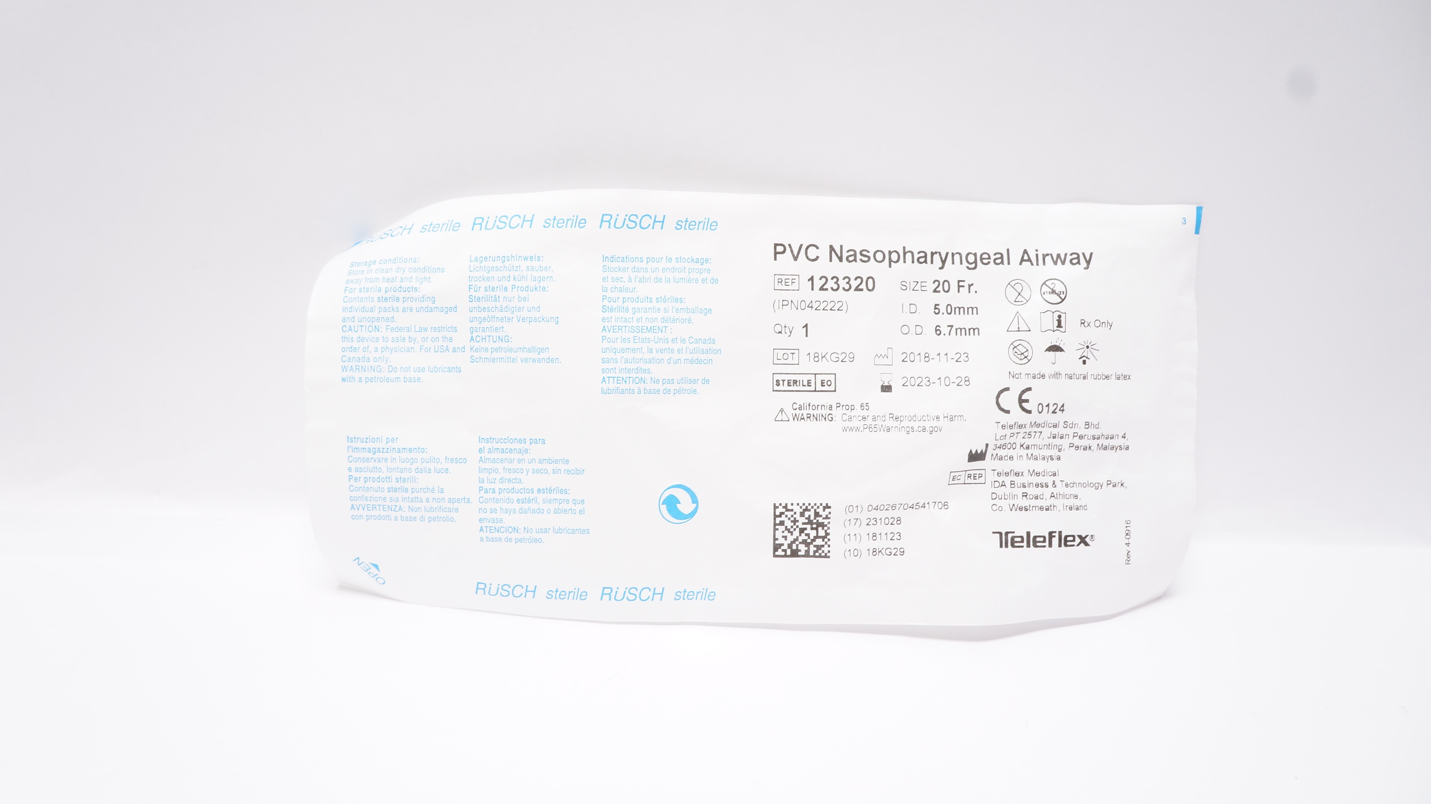 Teleflex 123320 Rusch PVC Nasopharyngeal Airway 20Fr x 5.0mm ID x 6.7mm OD