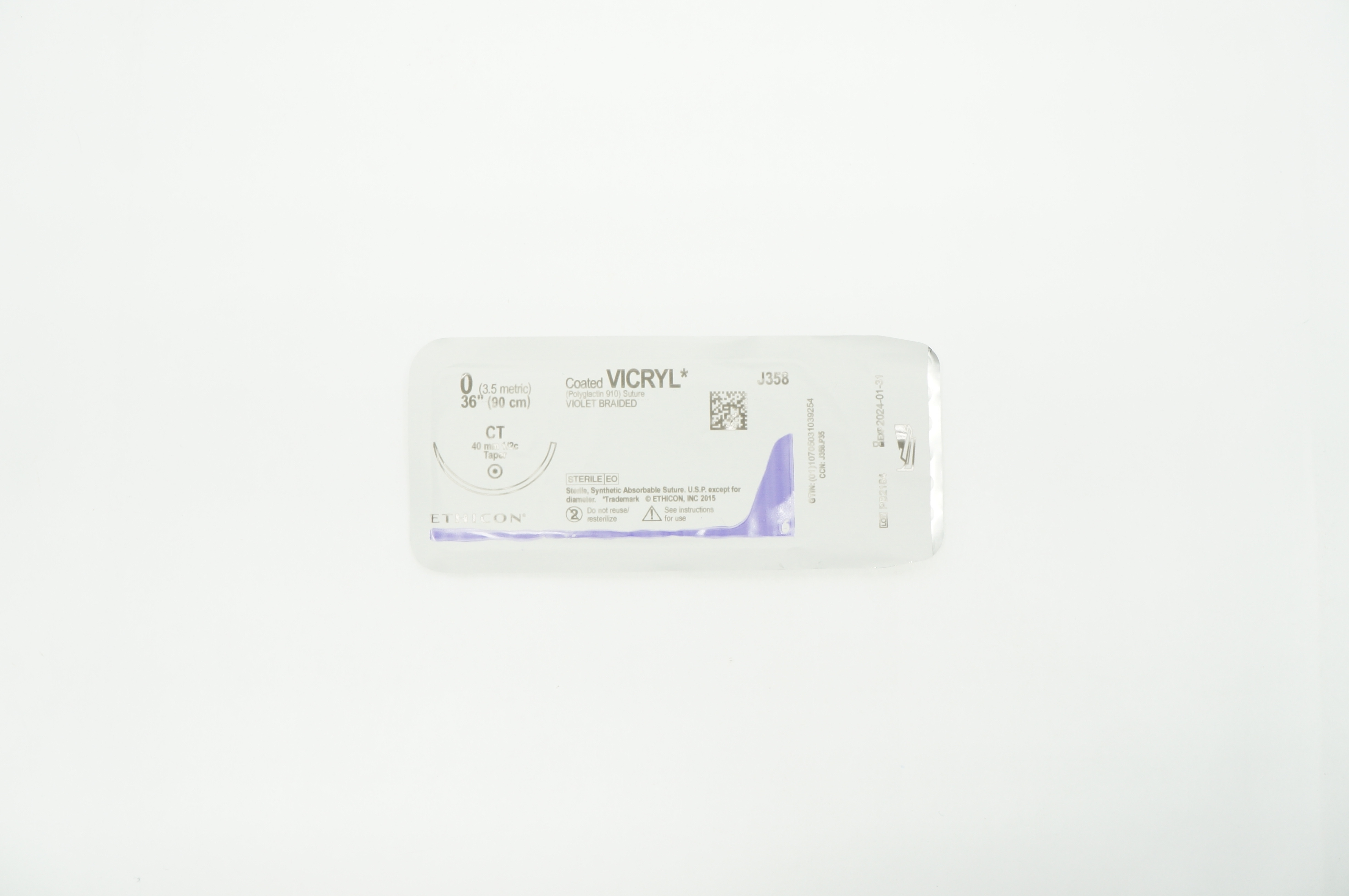 Ethicon J358 0 VICRYL CT 40mm 1/2c Taper 36inch