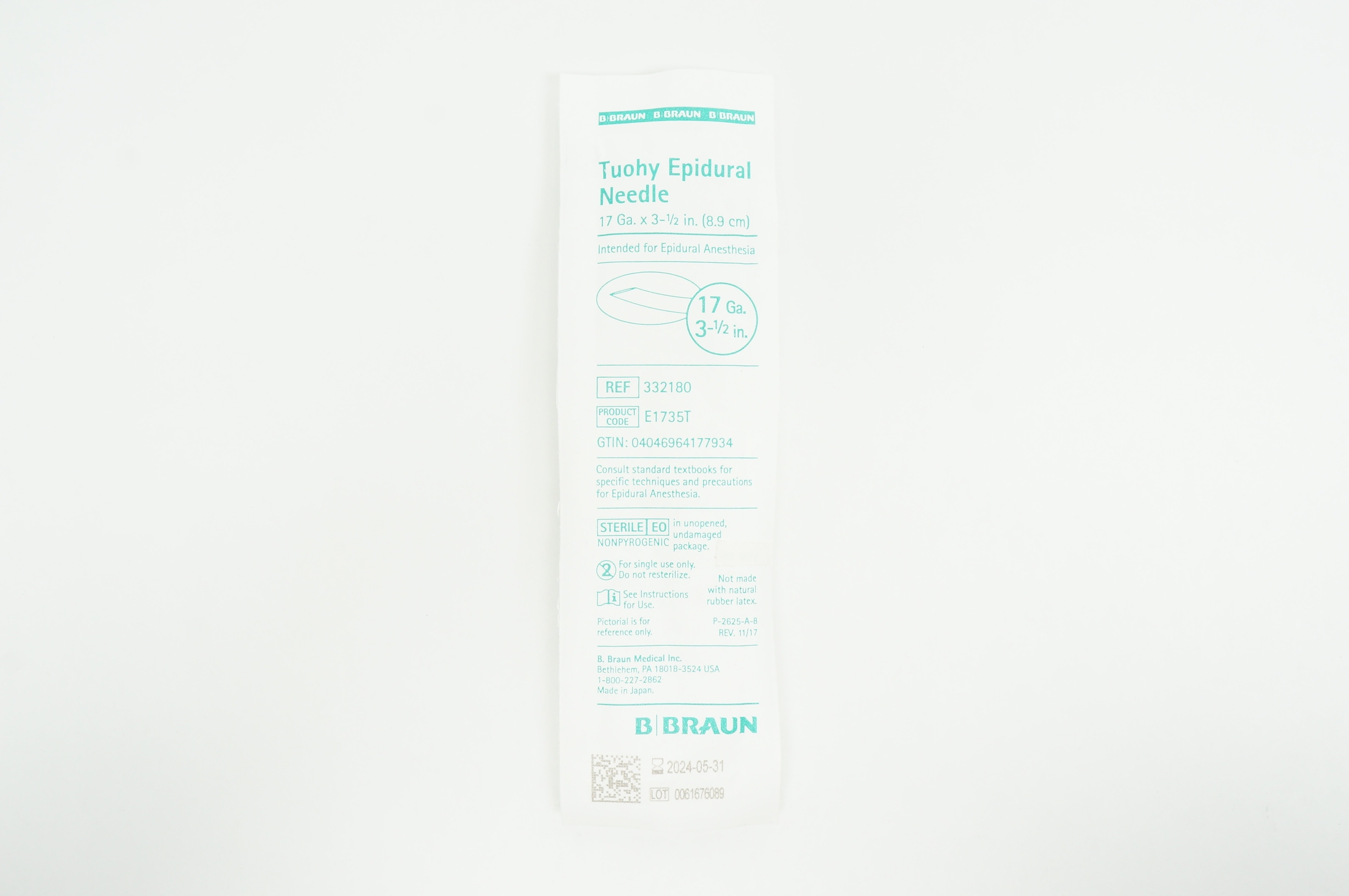 B.Braun 332180 Tuohy Epidural Ndle, 17G x 3-1/2inch