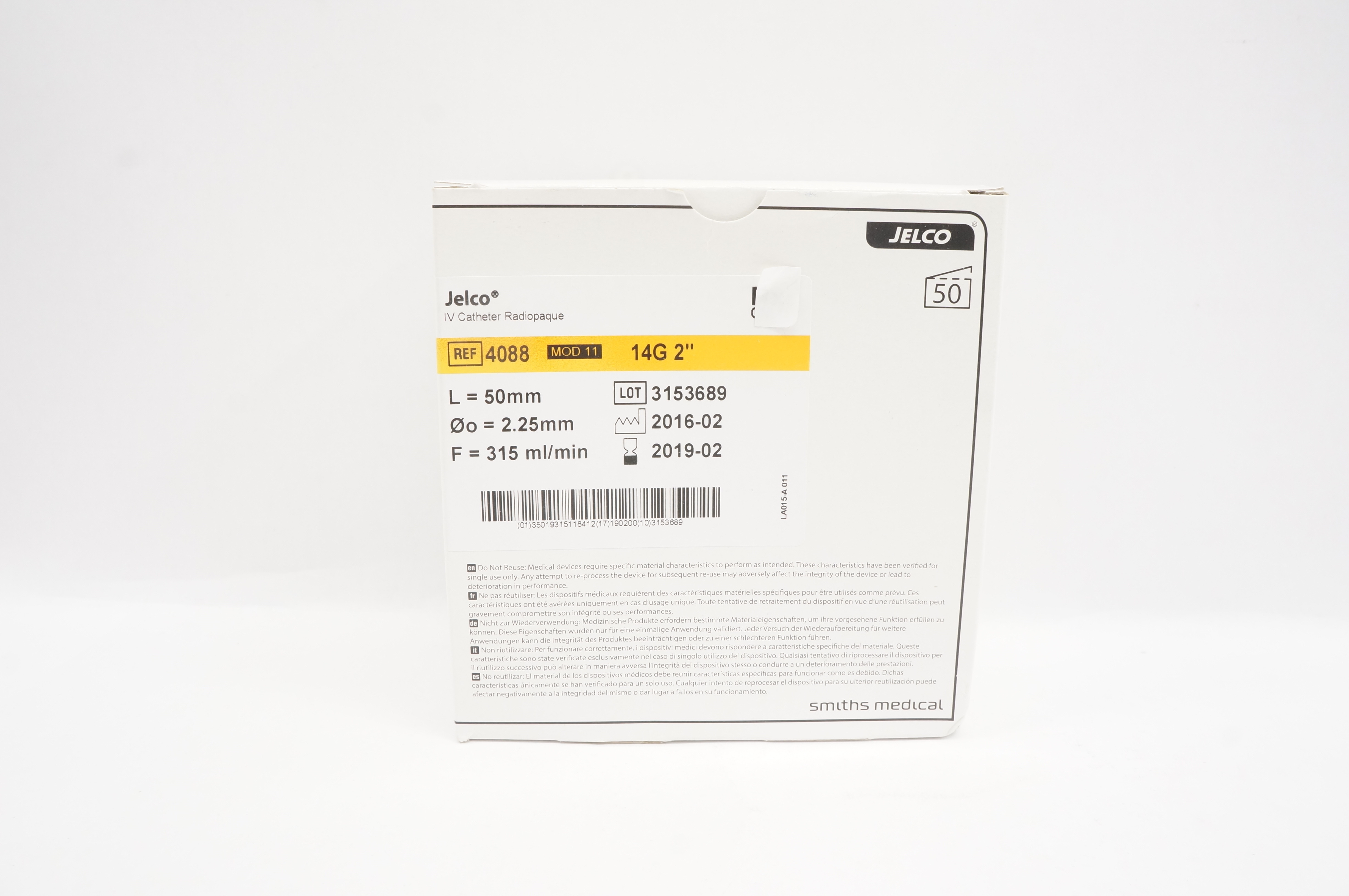 Smiths Medical 4088 Jelco I.V. Cath. Radiopaque 14G x 2inch - Box of 50 (x)