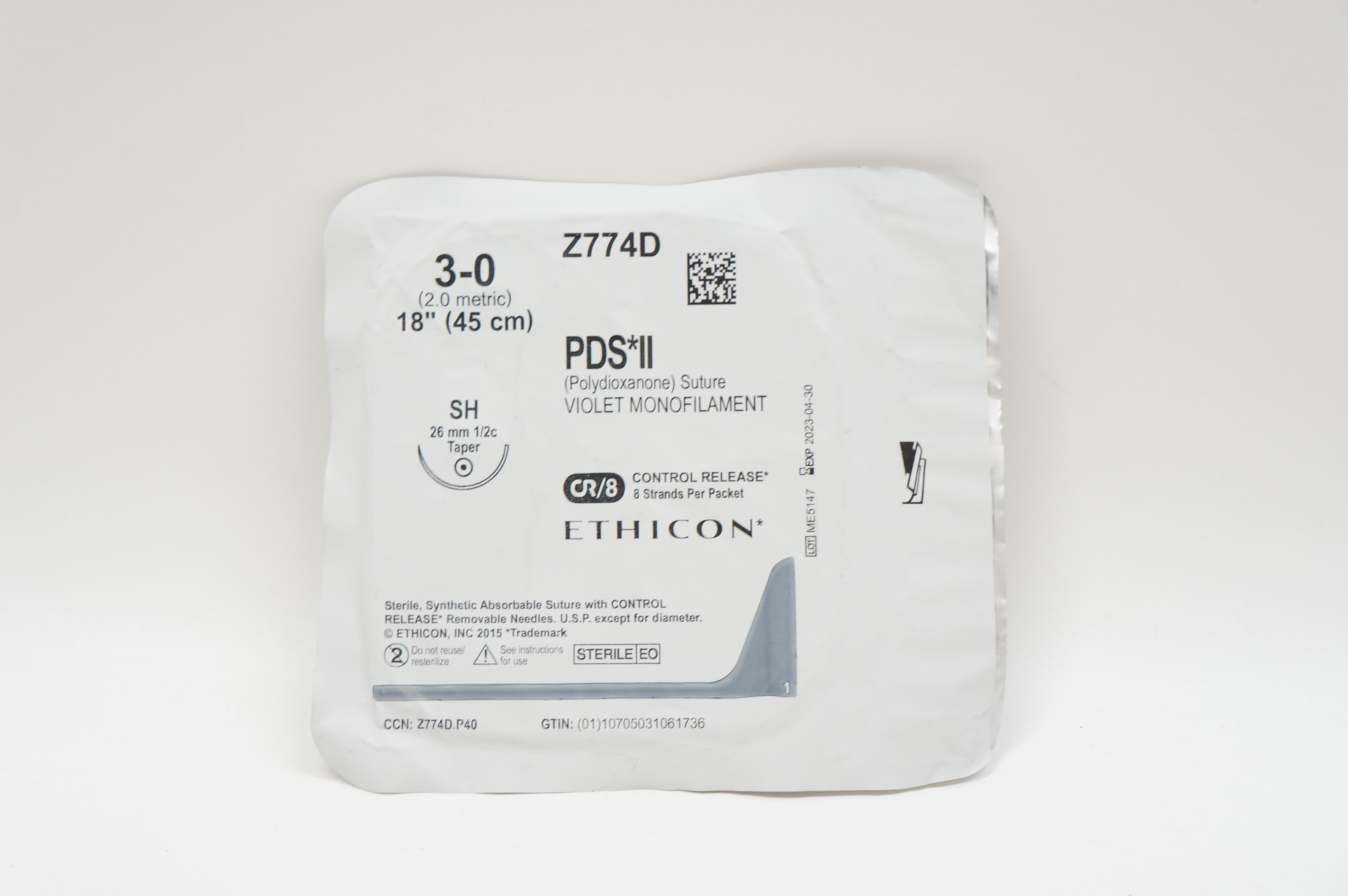 Ethicon Z774D 3-0 PDS II, SH, 26mm 1/2c Taper, 18inch