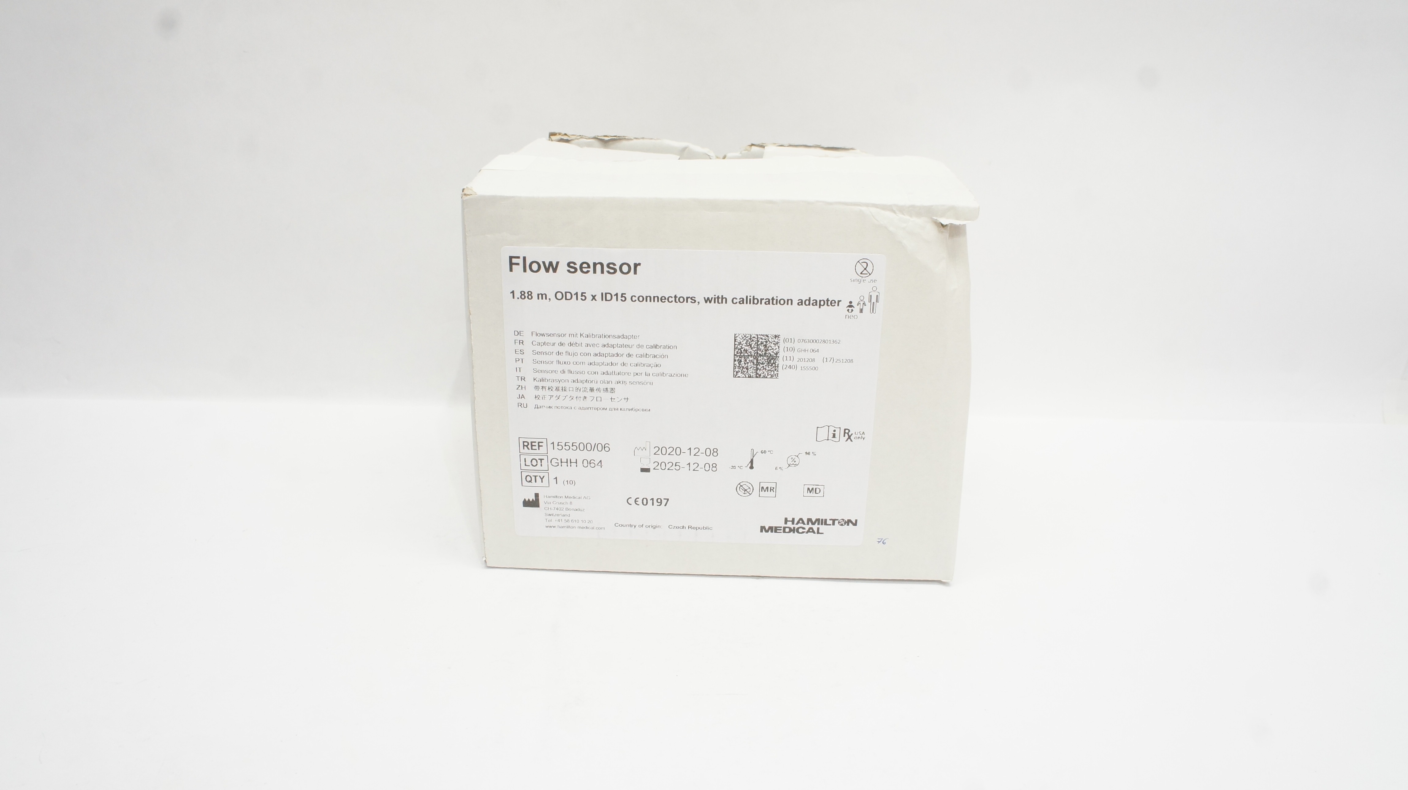 Hamilton Medical 155500/06 Flow Sensor 1.88m, OD15 x ID15 Connectors