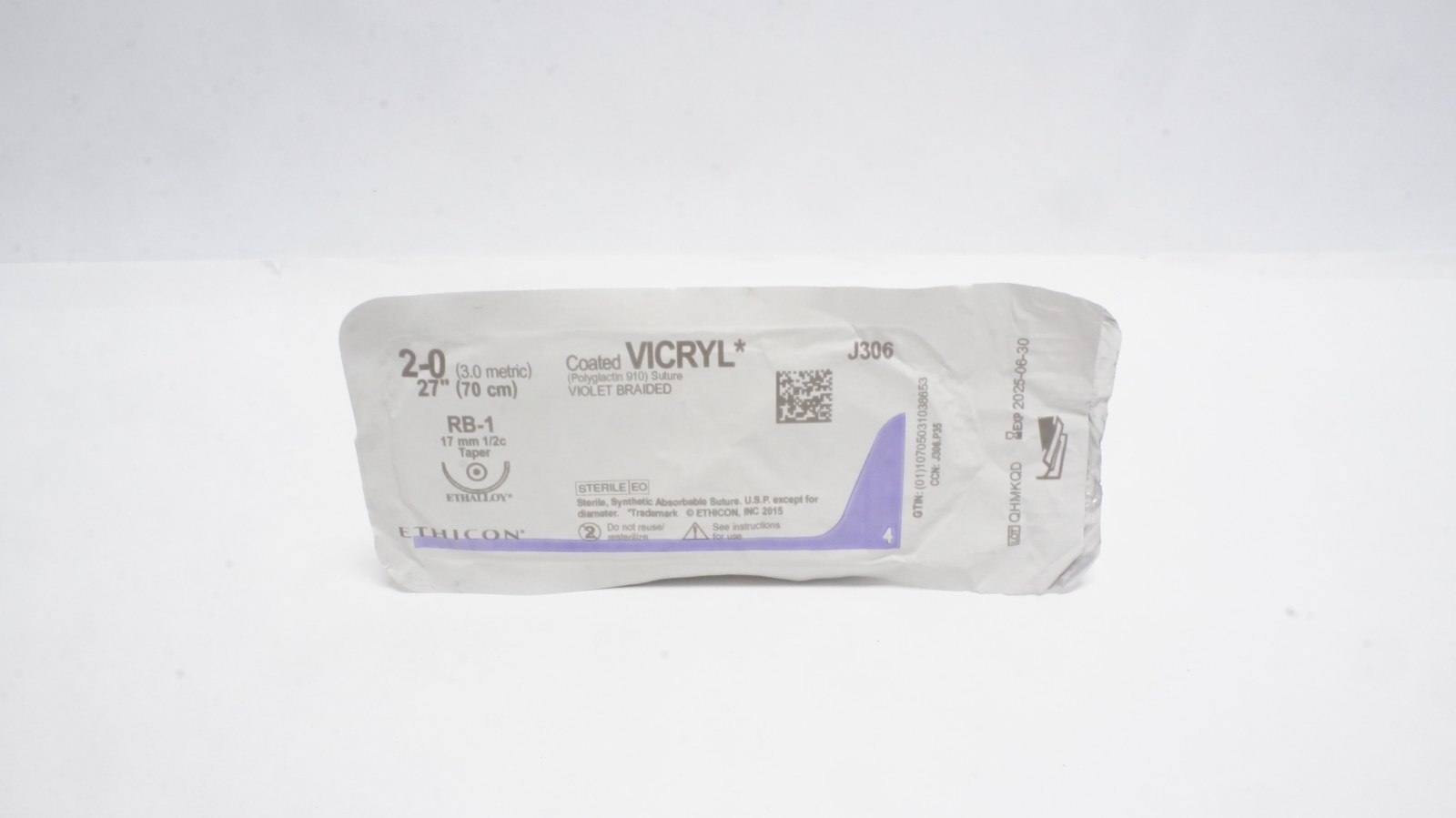 ETHICON J306 Coated VICRYL 2-0 Suture 27" Violet RB-1