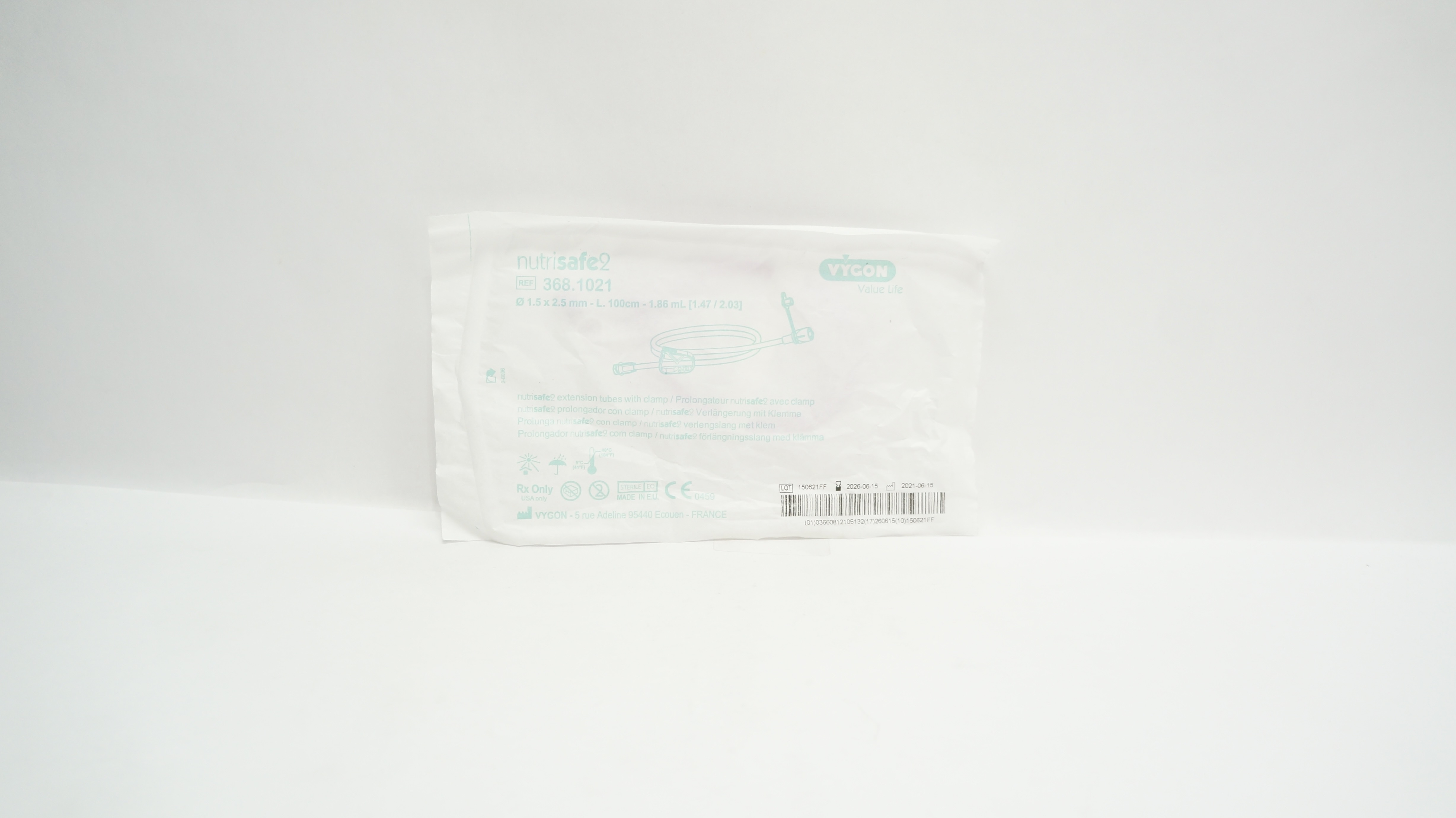 Vygon 368.1021 Nutrisafe2 Extension Tubes with Clamp 1.5 x 2.5mm x 100cm