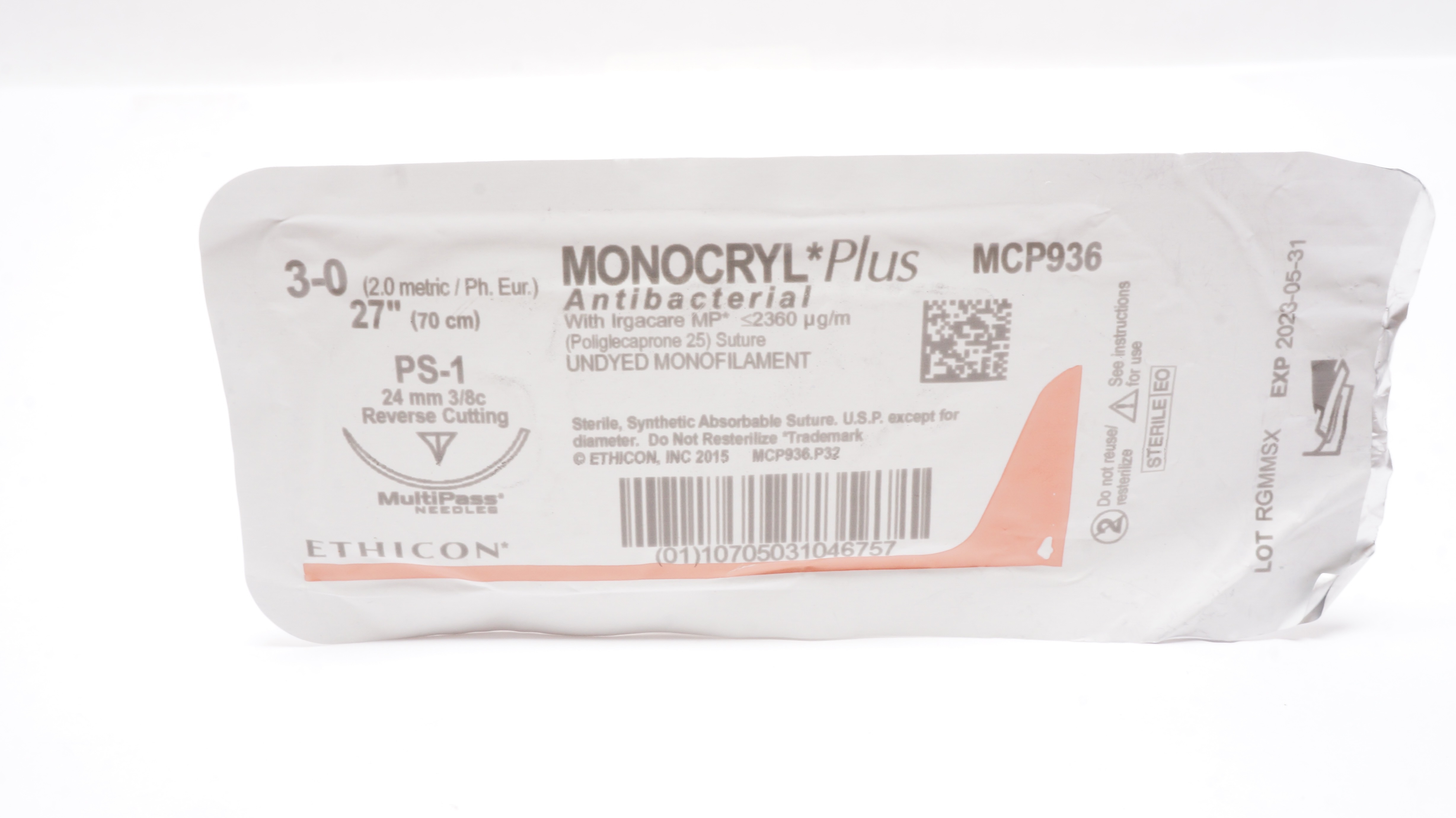 Ethicon MCP936 3-0 Monocryl Plus Stre PS-1 24mm 3/8c Reverse Cutting 27inch (x)