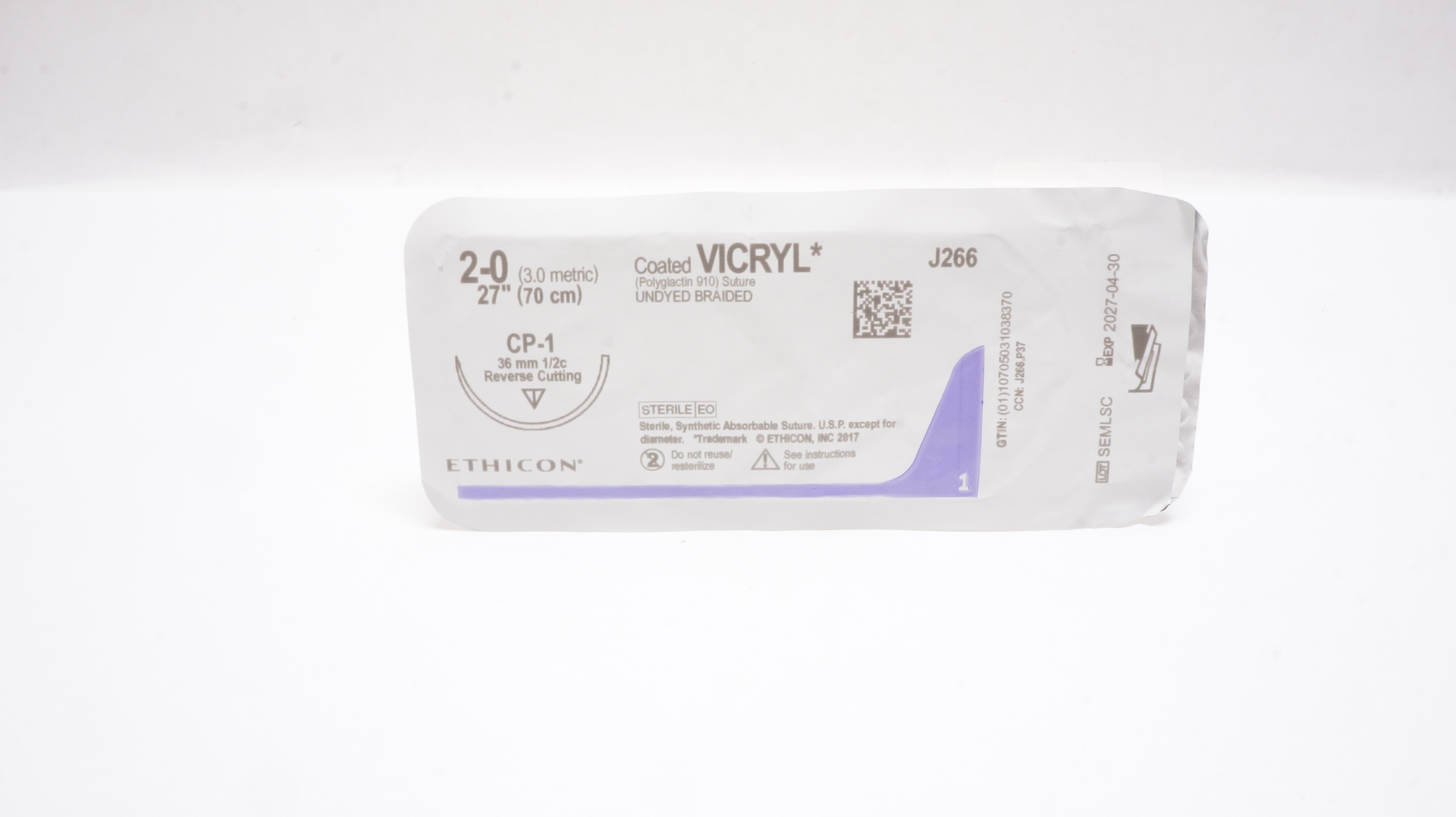 Ethicon J266 2-0 VICRYL, CP-1, 36mm 1/2c Reverse Cutting, 27inch