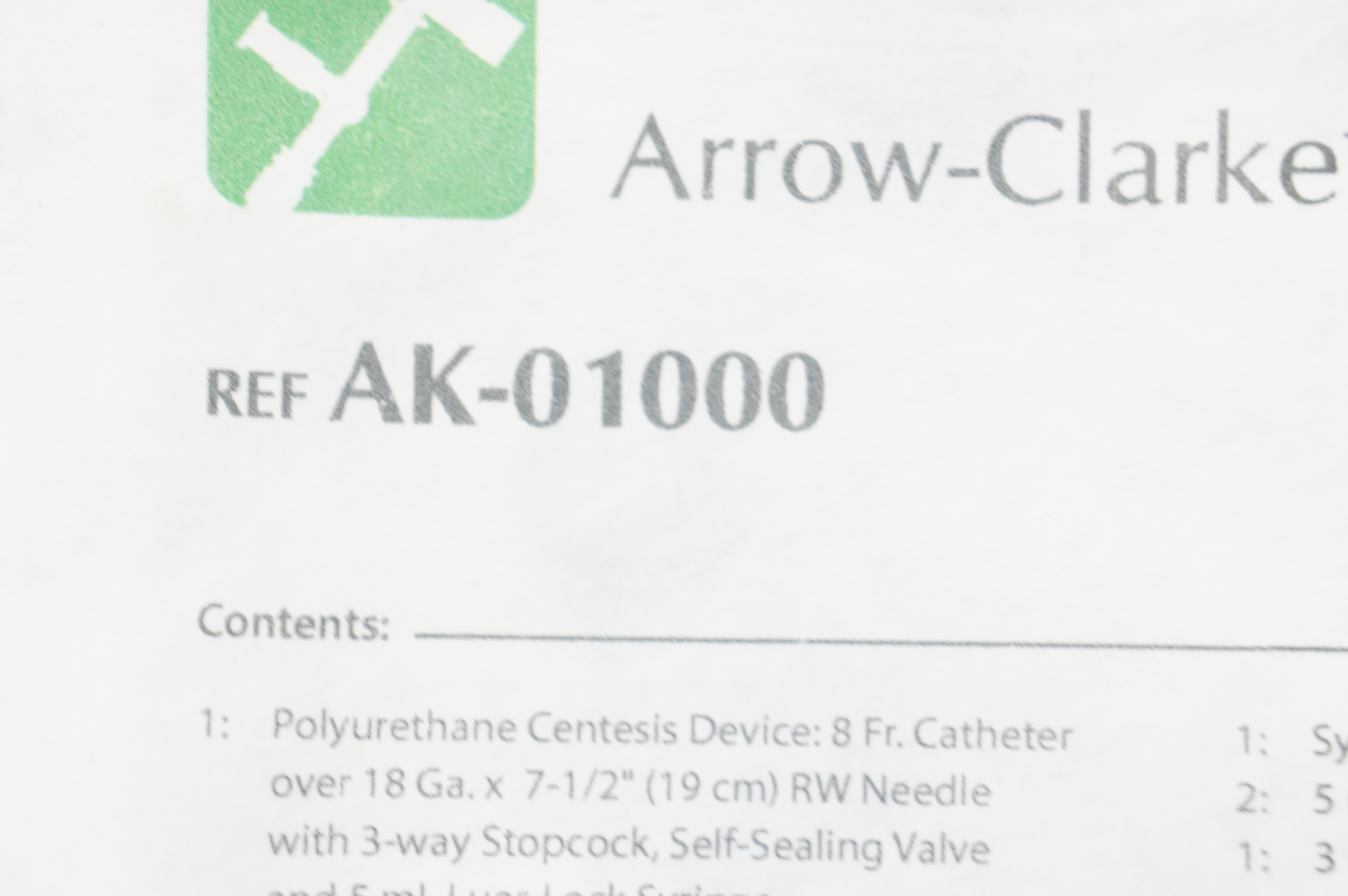 Arrow AK-01000 Arrow-Clarke Pleura Seal Thoracentesis Kit 8 Fr