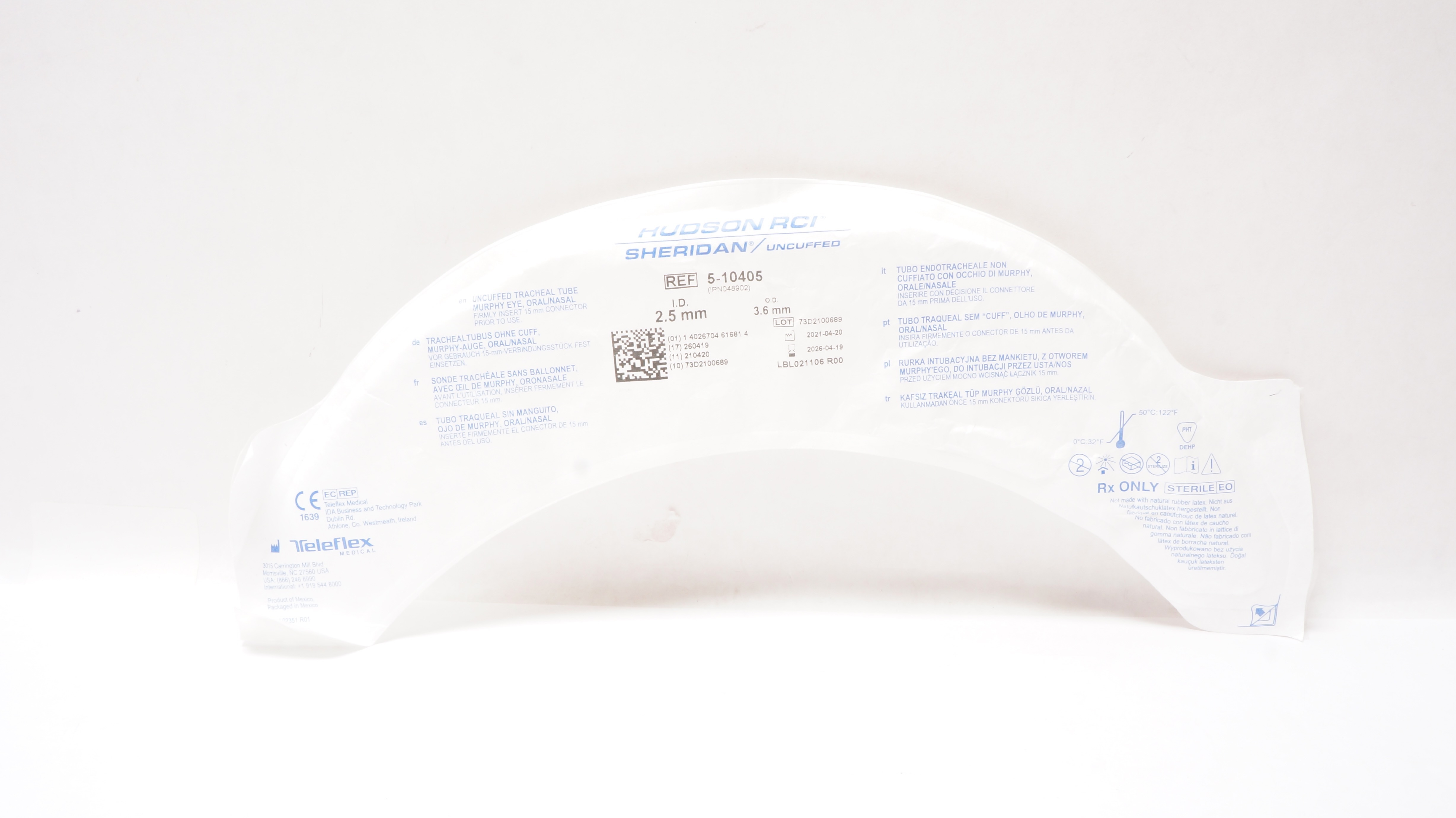 Teleflex 5-10405 Hudson RCI Sheridan Tracheal Tube Uncuffed 2.5mm ID x 3.6mm OD