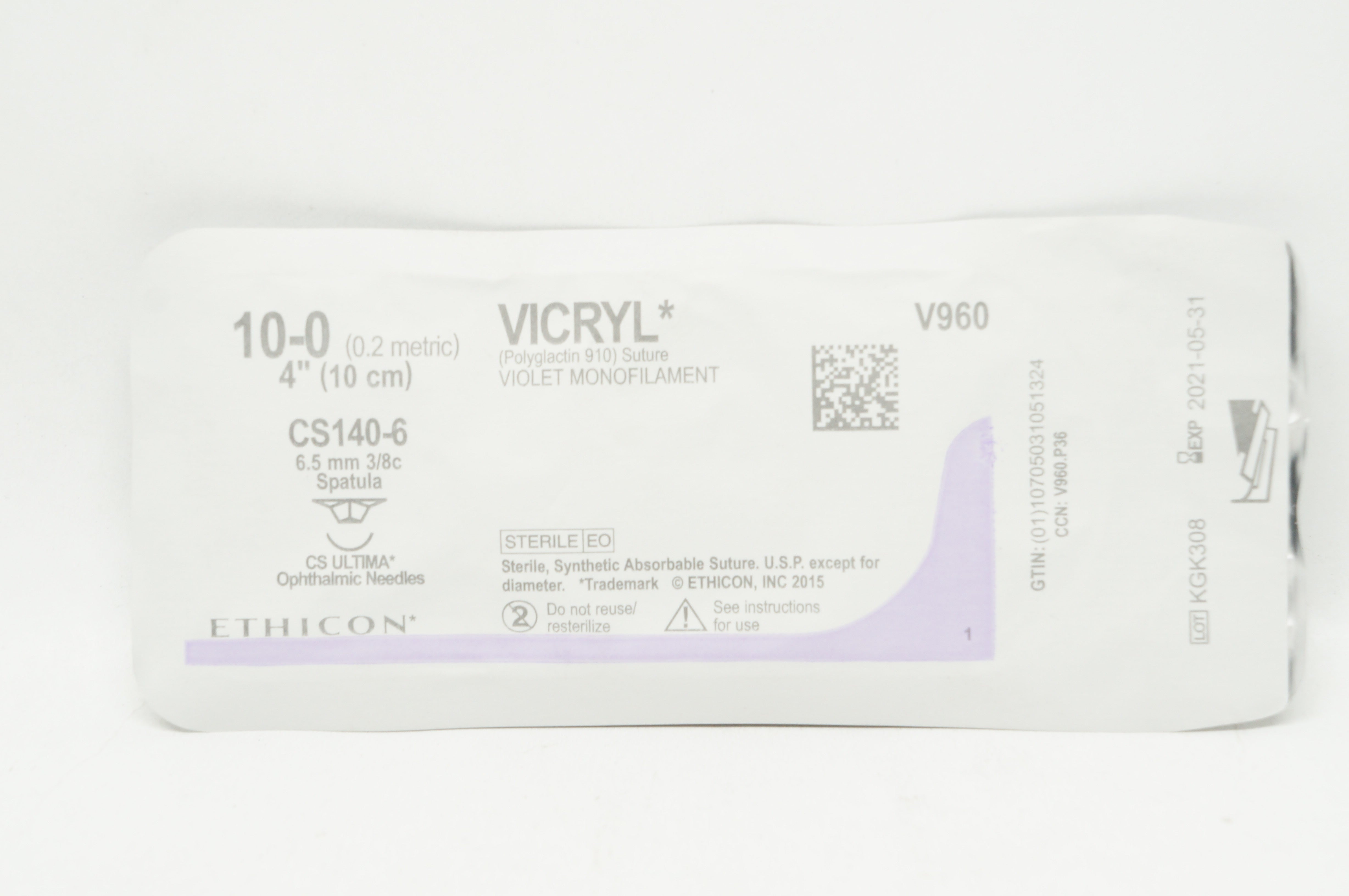 Ethicon V960 10-0 Vicryl Violet Monofilament CS140-6 6.5mm 3/8c Spatula 4in. (x)