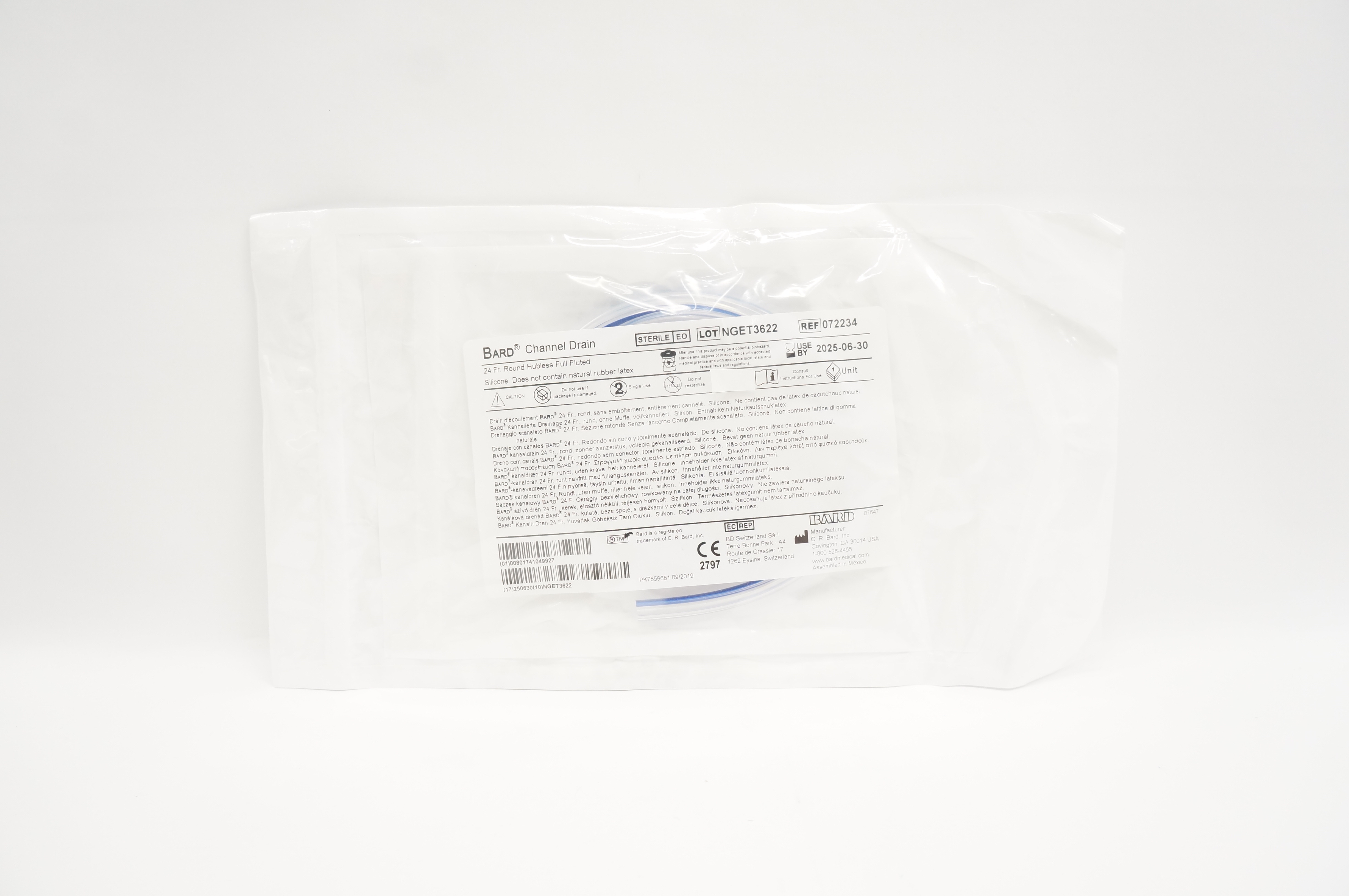 Bard 072234 Channel Drain Round Hubless Full Fluted Silicone, 24 Fr