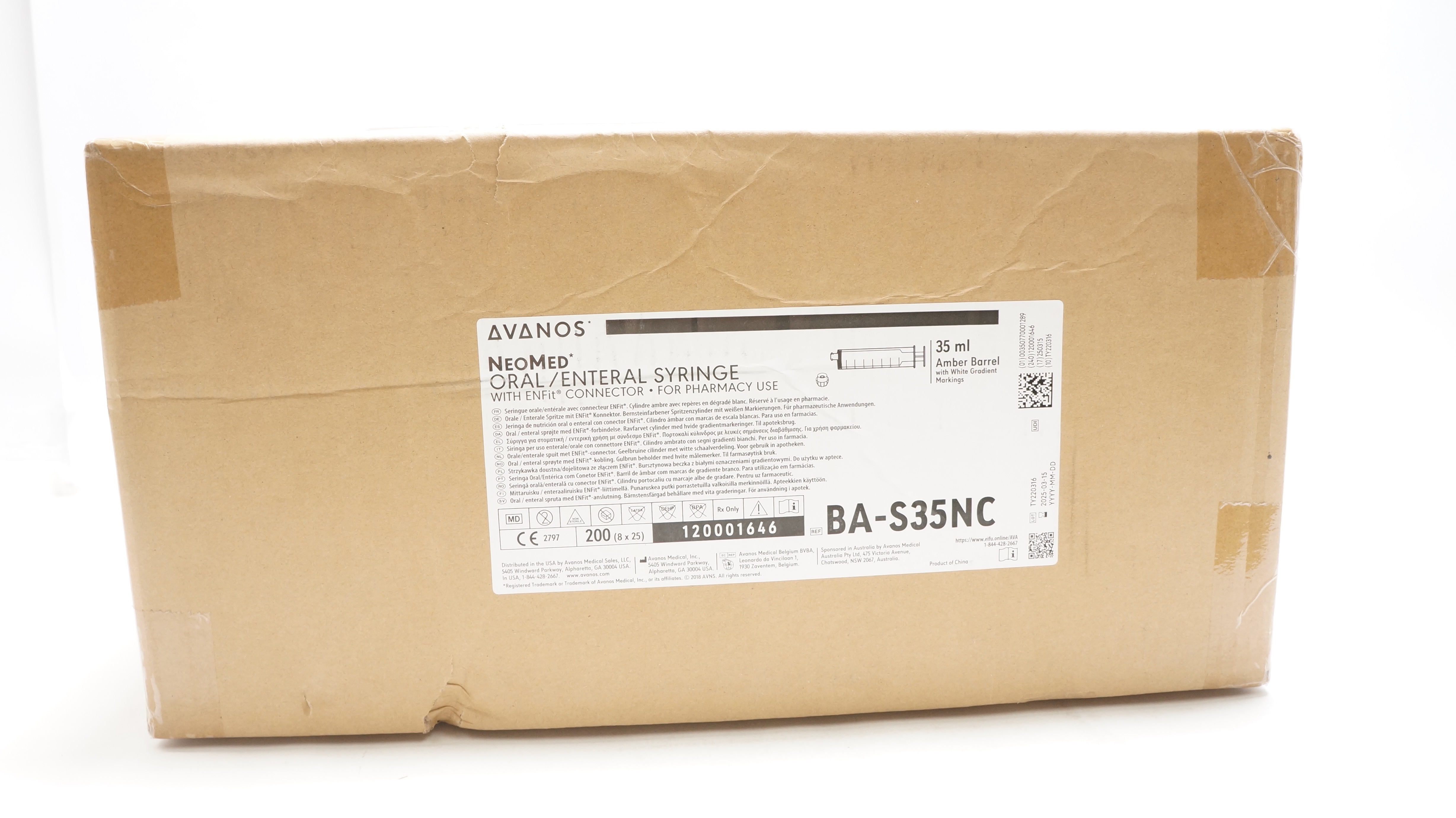 Avanos BA-S35NC NeoMed Oral/Enteral Syringe W/ENFit Connector 35ml - Box of 200