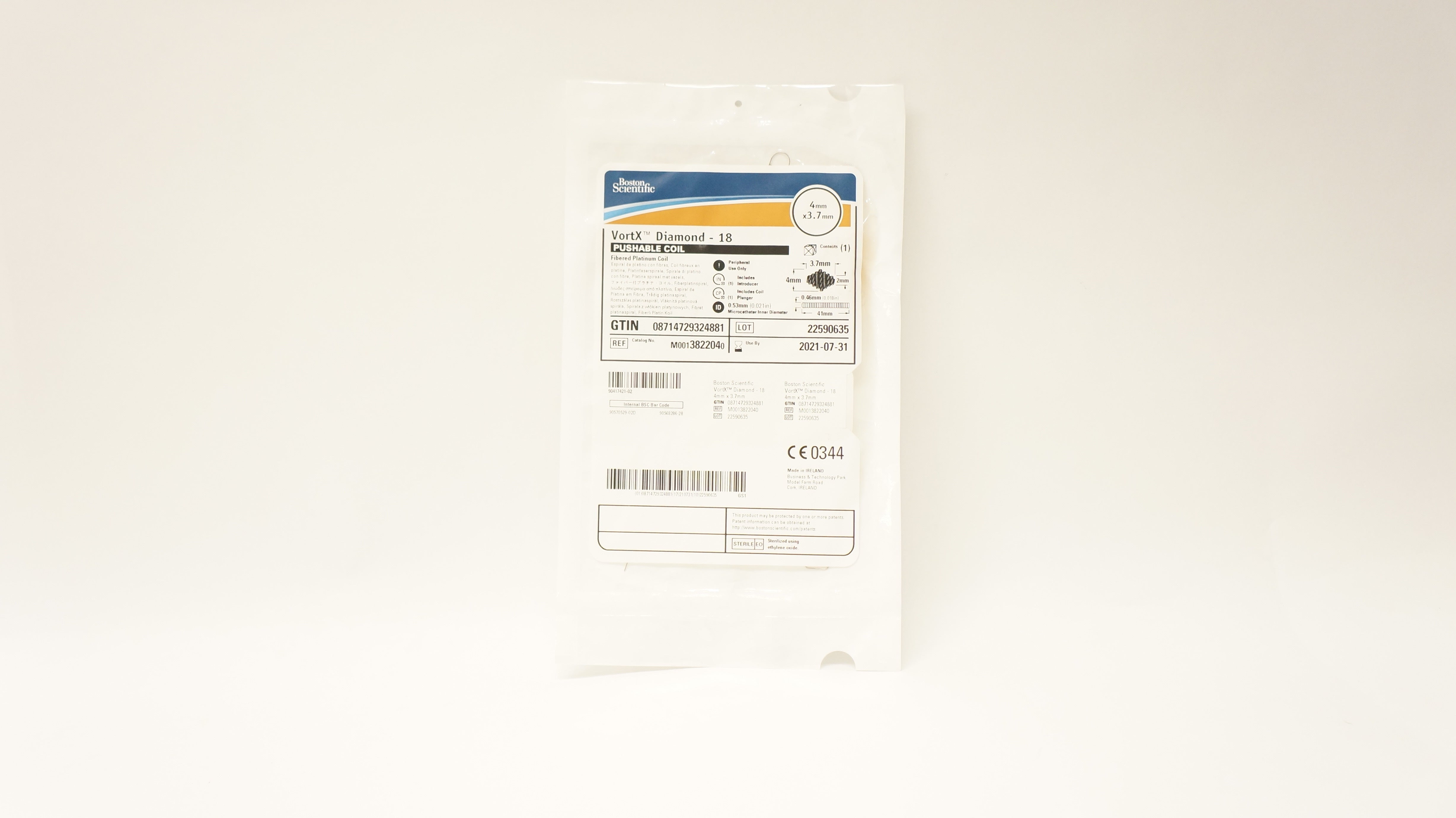 Boston Scientific M0013822040 VortX Diamond-18 Fibered PlatinumCoil 4 x 3.7mm(x)