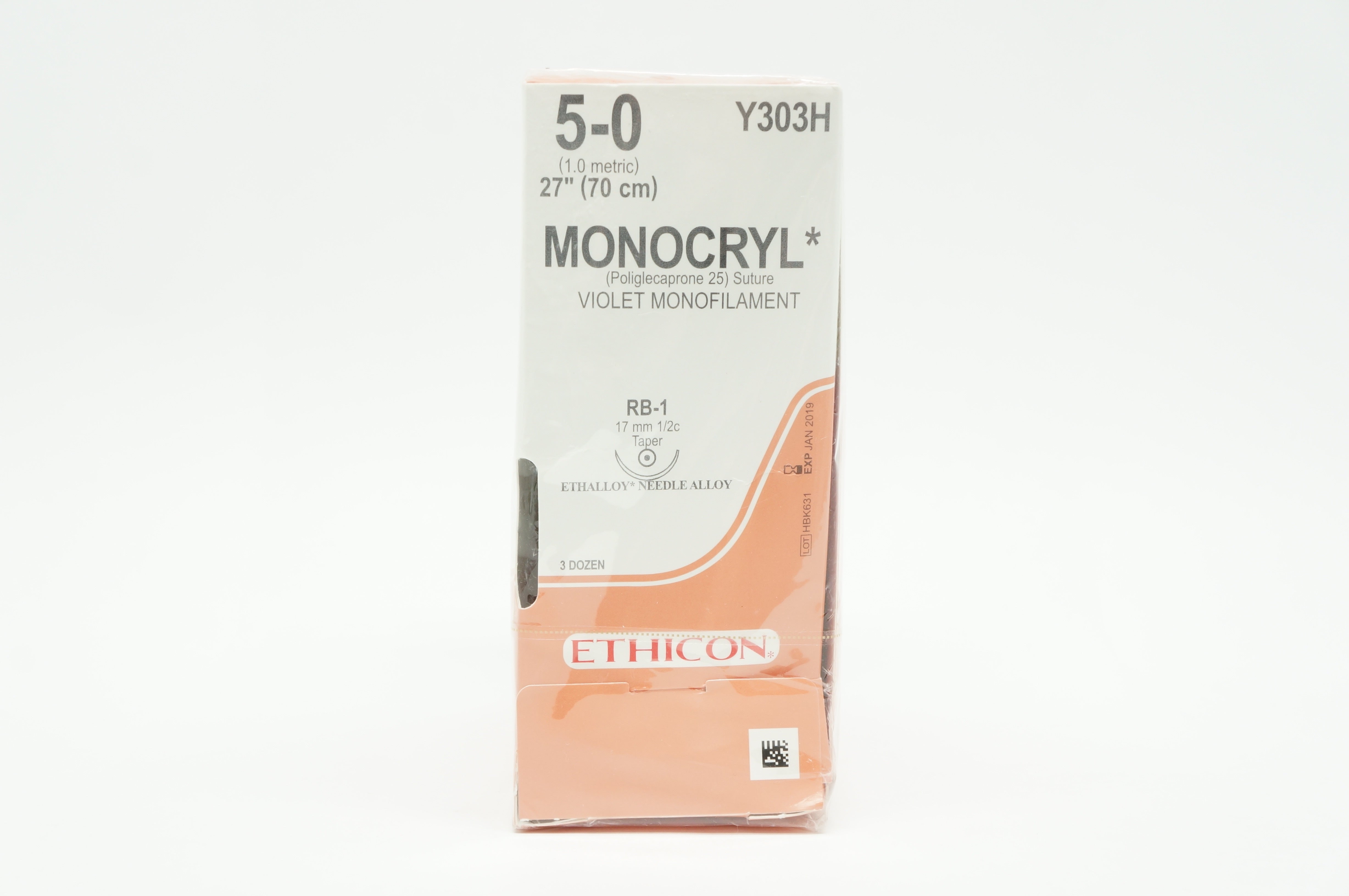 Ethicon Y303H 5-0 MONOCRYL RB-1 17mm 1/2c Taper 27inch (x) - Box of 34