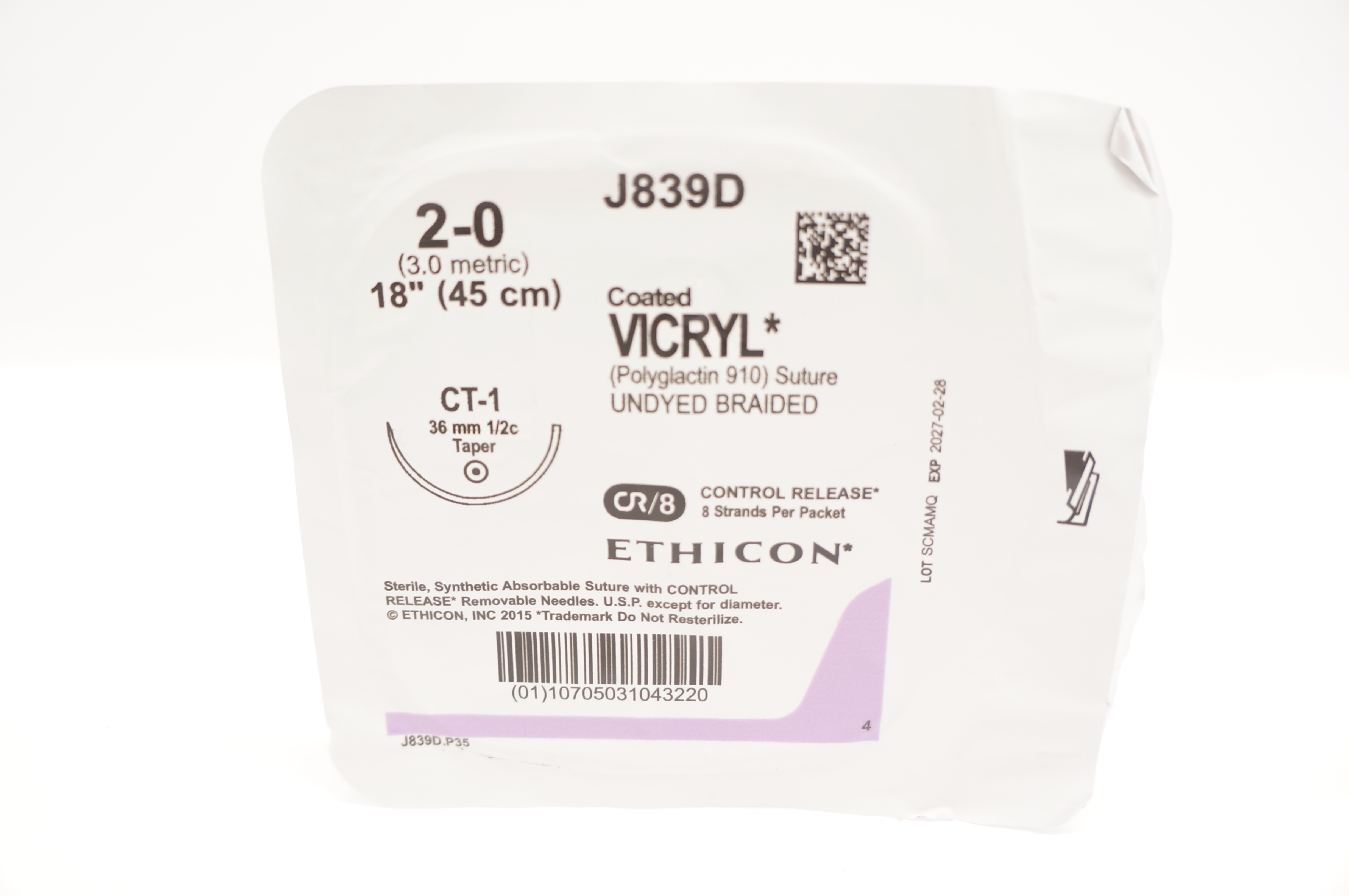 Ethicon J839D 2-0 Coated VICRYL Polyglactin Stre CT-1 36mm 1/2c Taper 18 inch